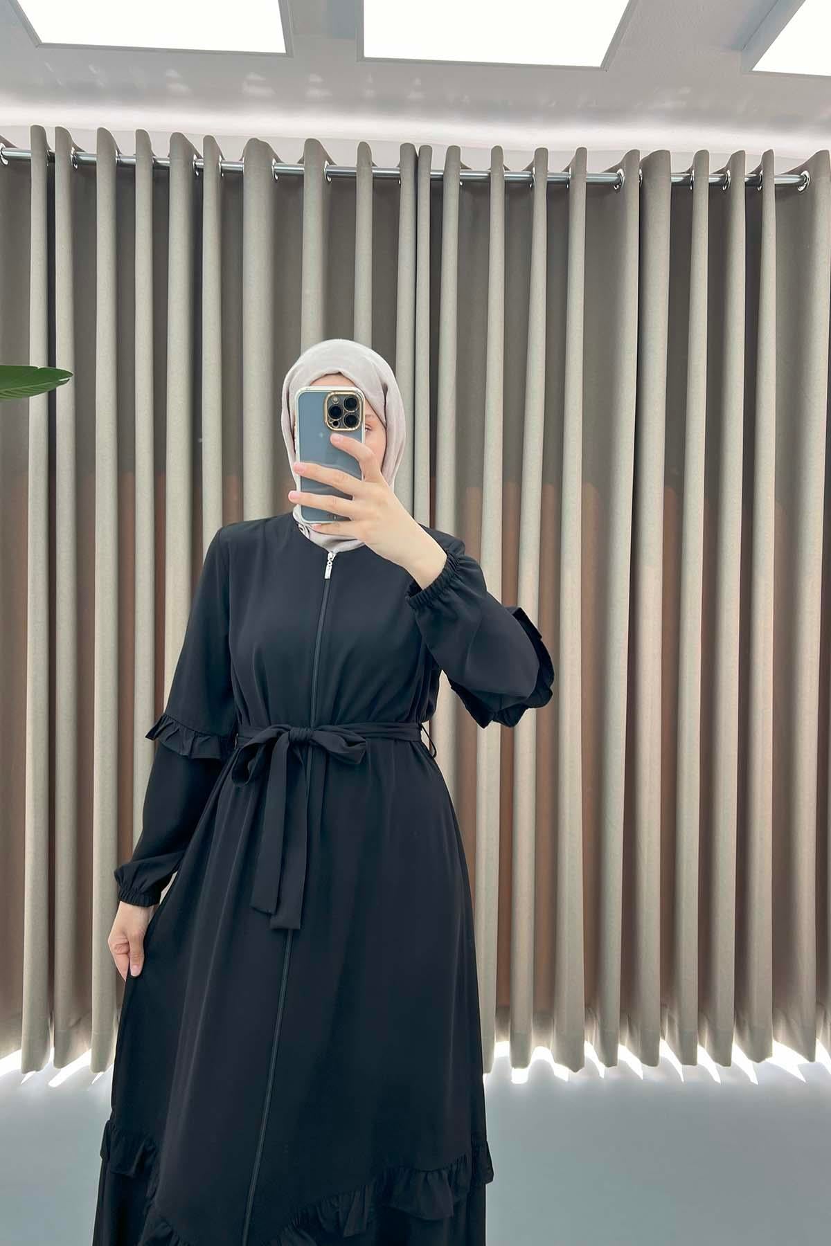 Kuşaklı Fırfırlı Ferace Siyah