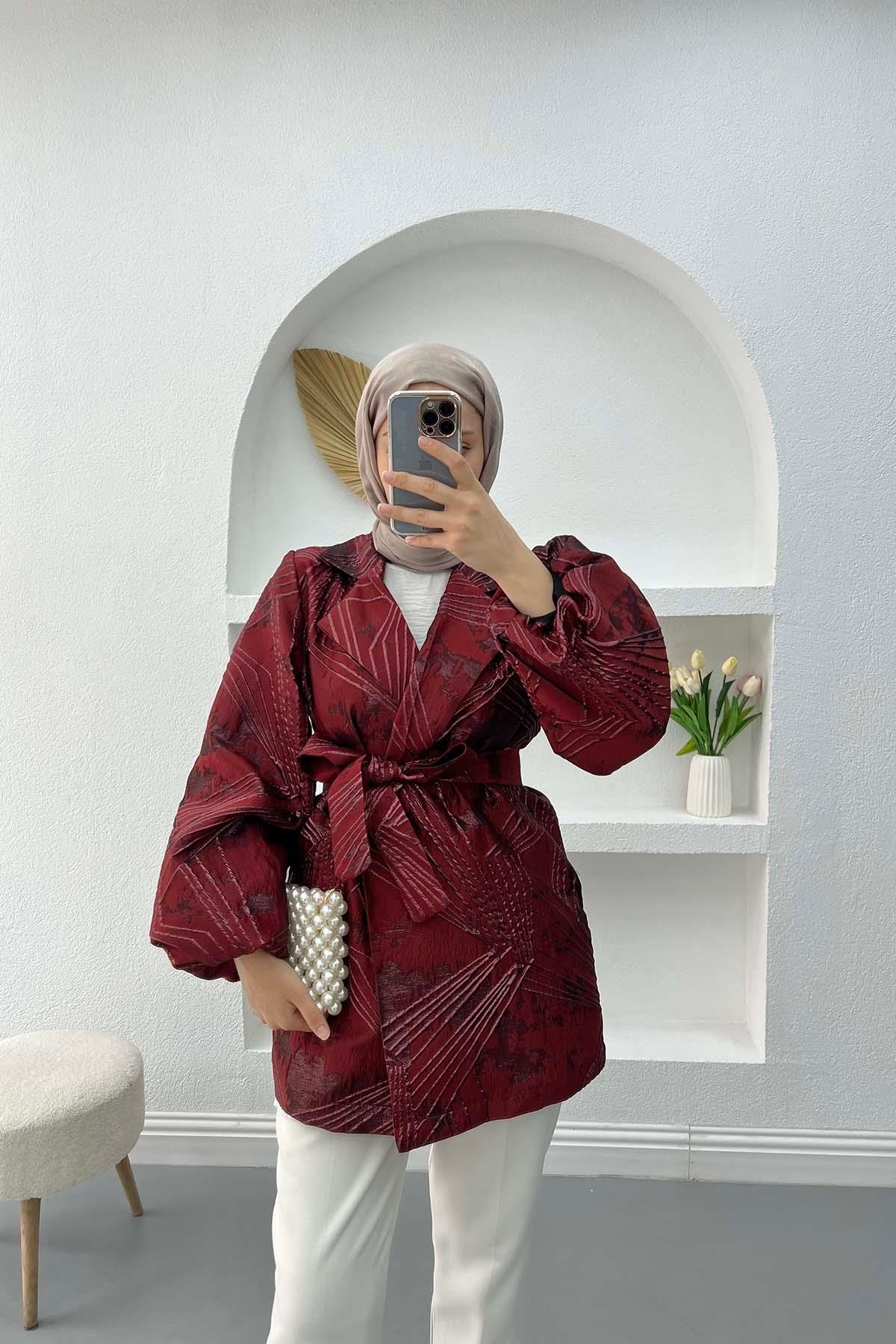 Kuşaklı Jakarlı Ceket Bordo