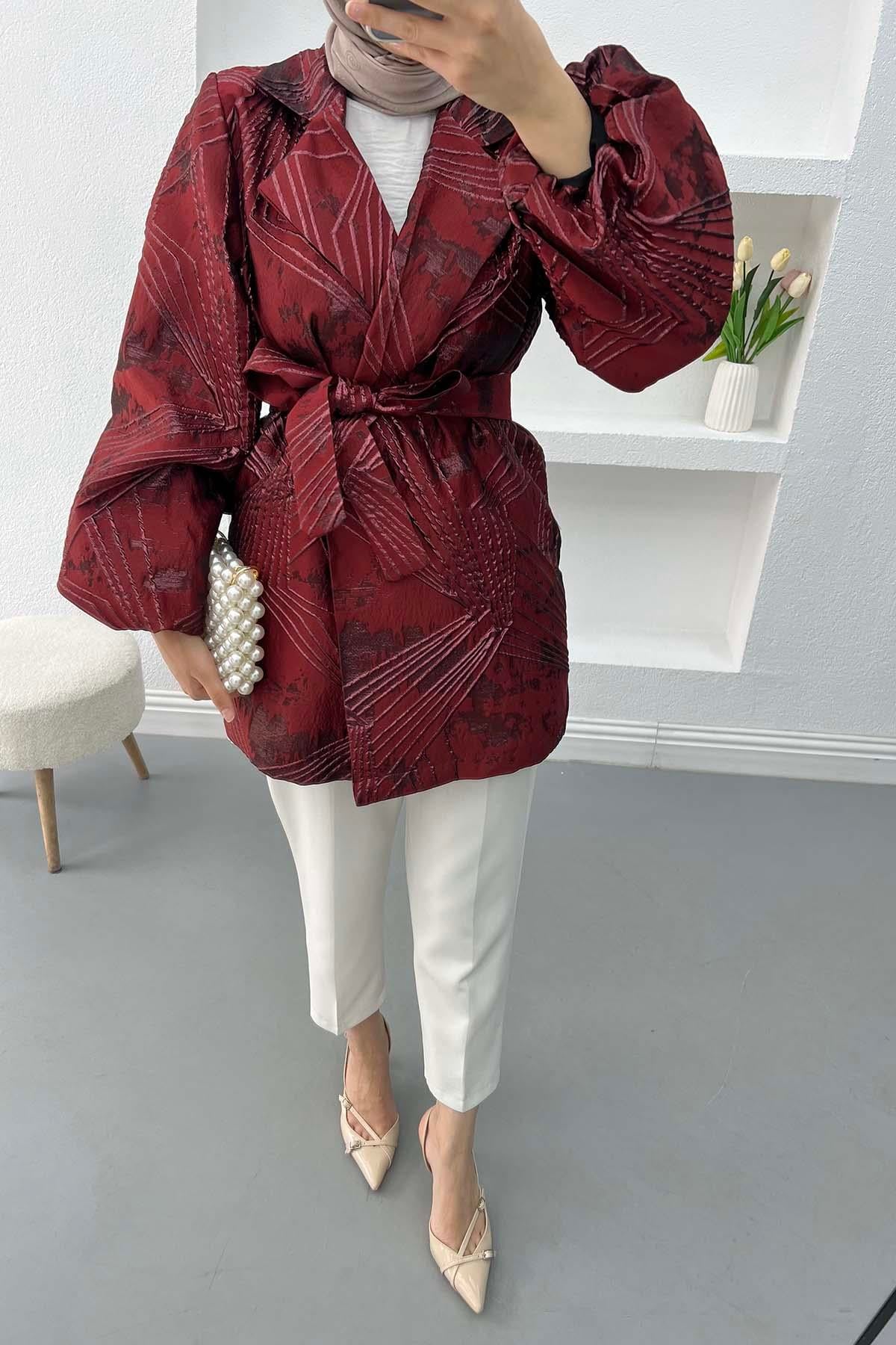 Kuşaklı Jakarlı Ceket Bordo