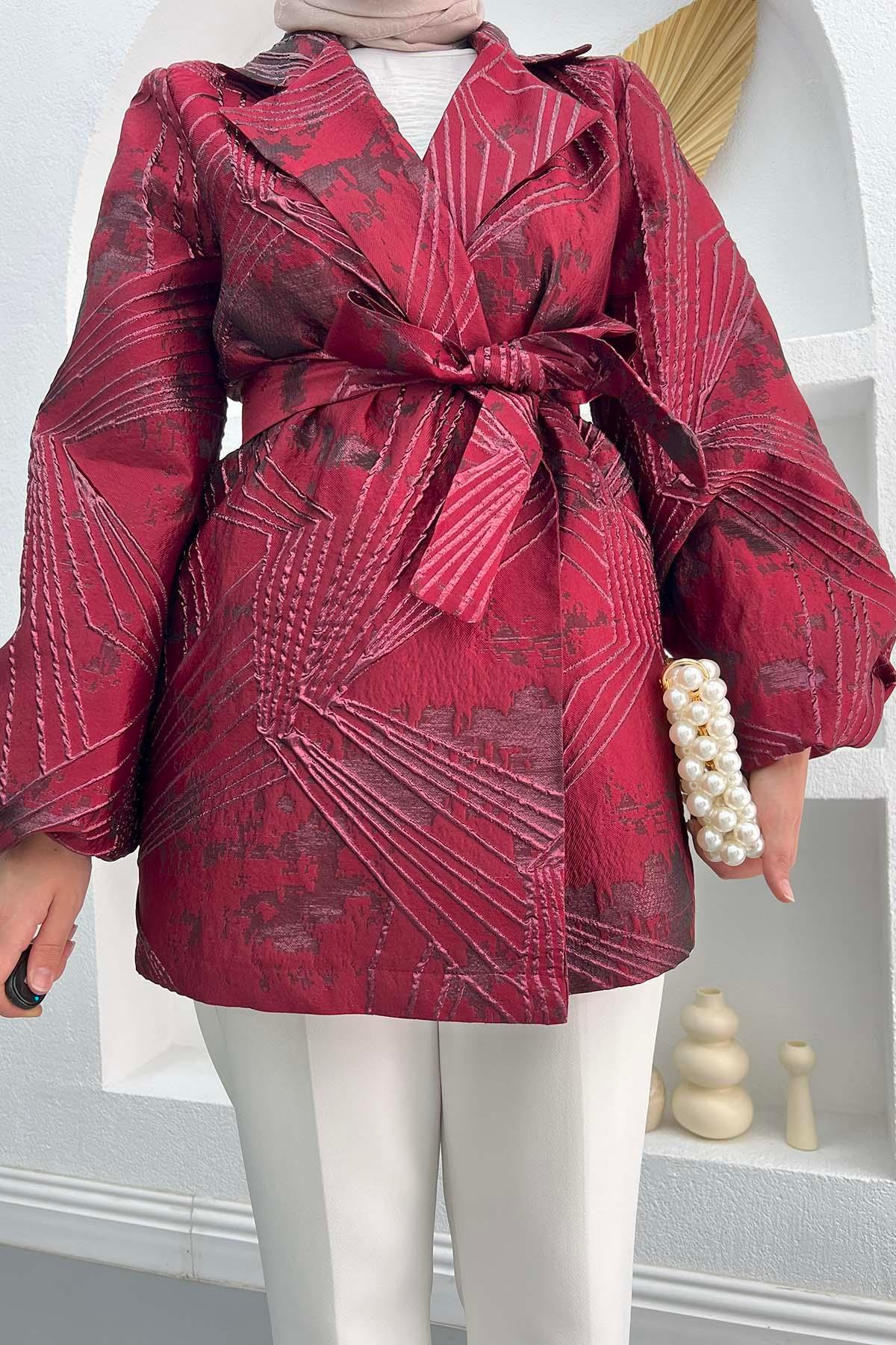 Kuşaklı Jakarlı Ceket Bordo