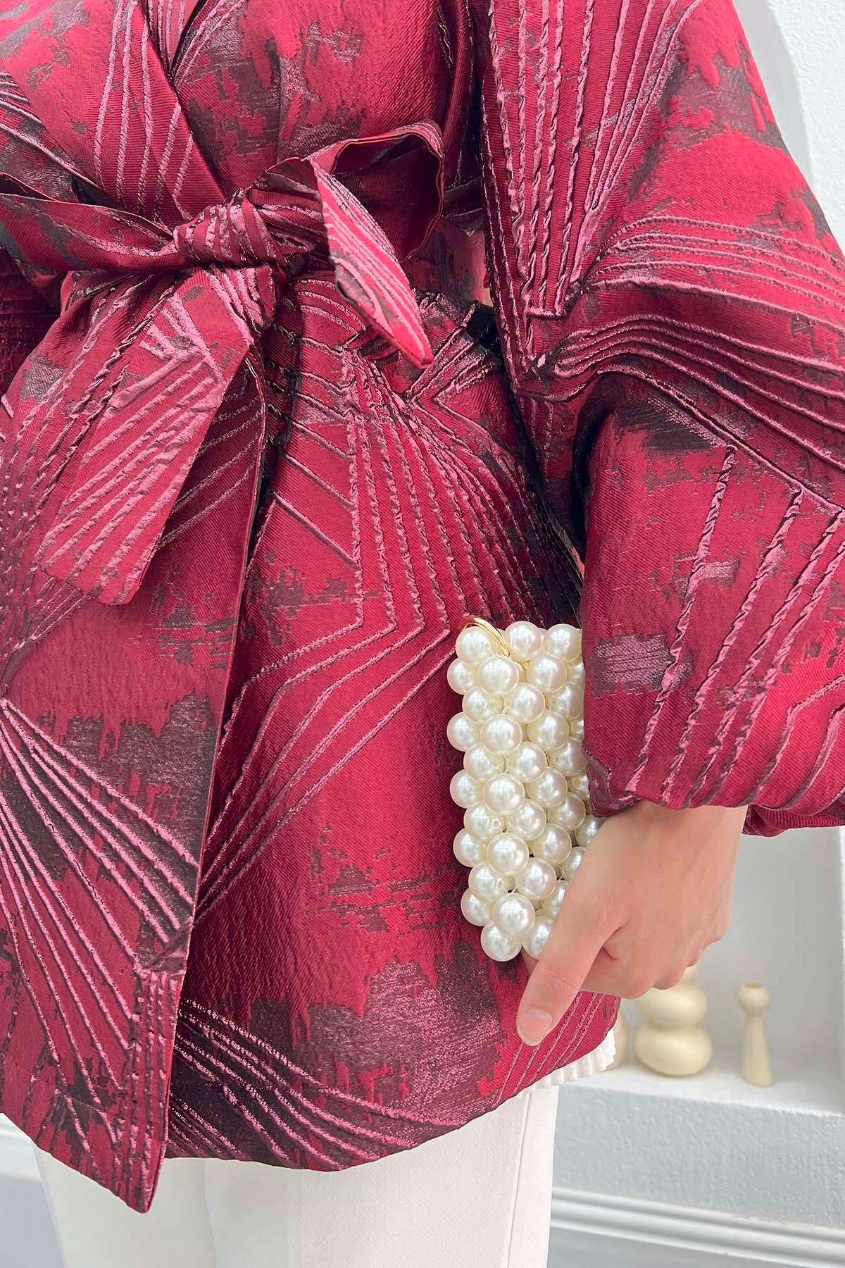 Kuşaklı Jakarlı Ceket Bordo