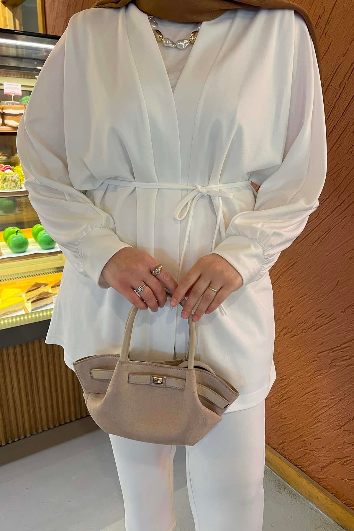 Kuşaklı Kimono Beyaz
