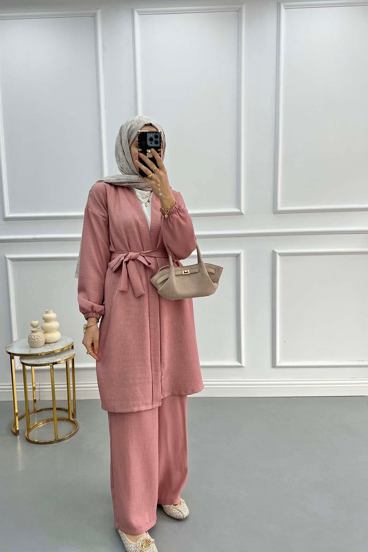 Kuşaklı Kimono Takım Gül Kurusu