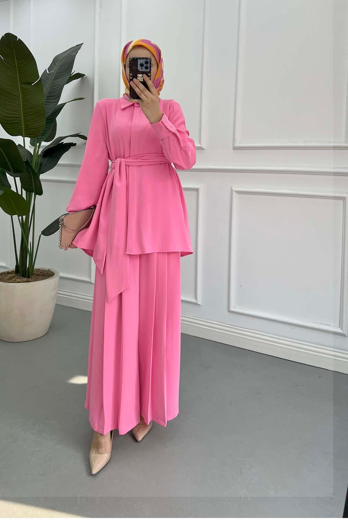 Kuşaklı Krep Takım Pembe