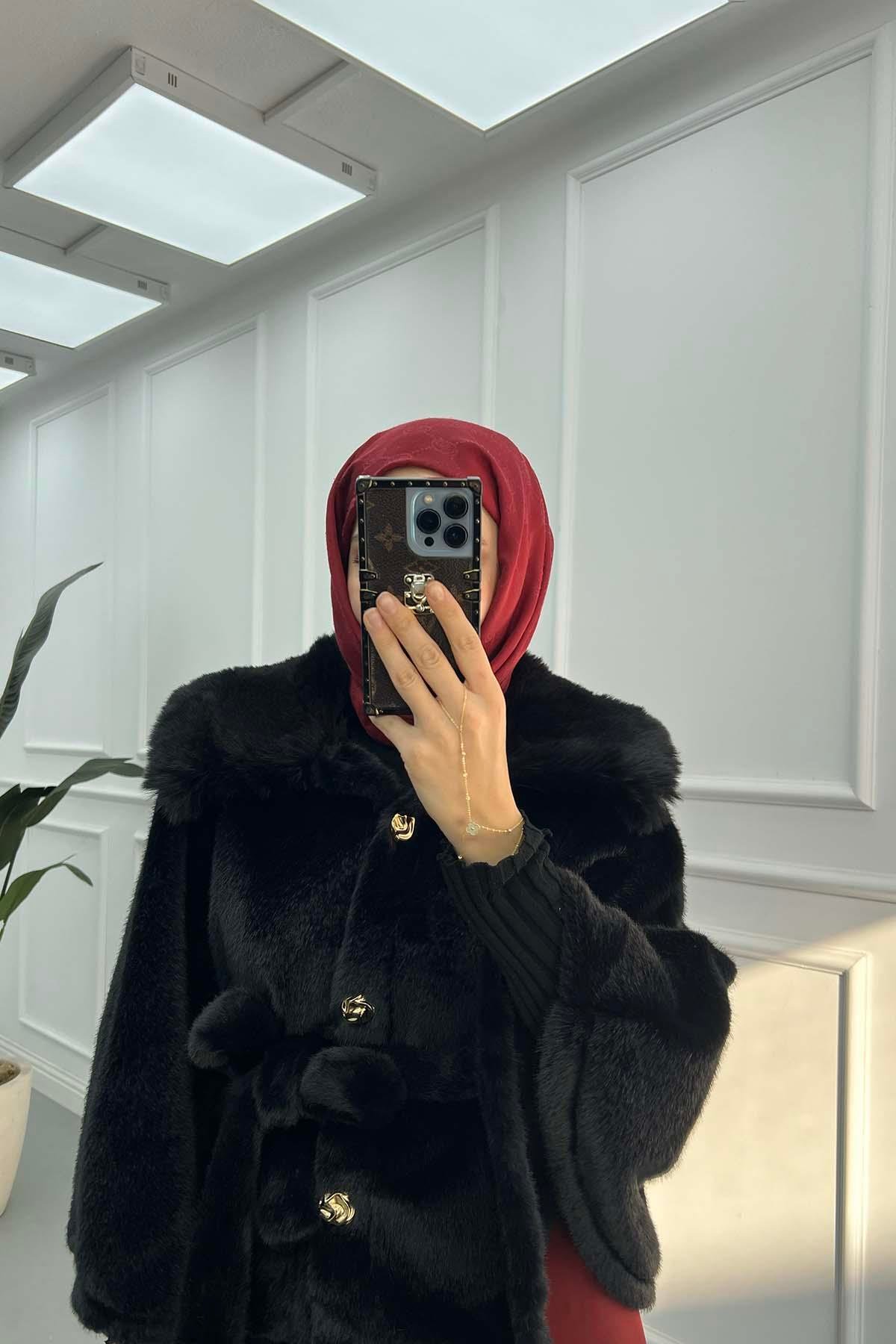 Kuşaklı Kürk Panço Siyah