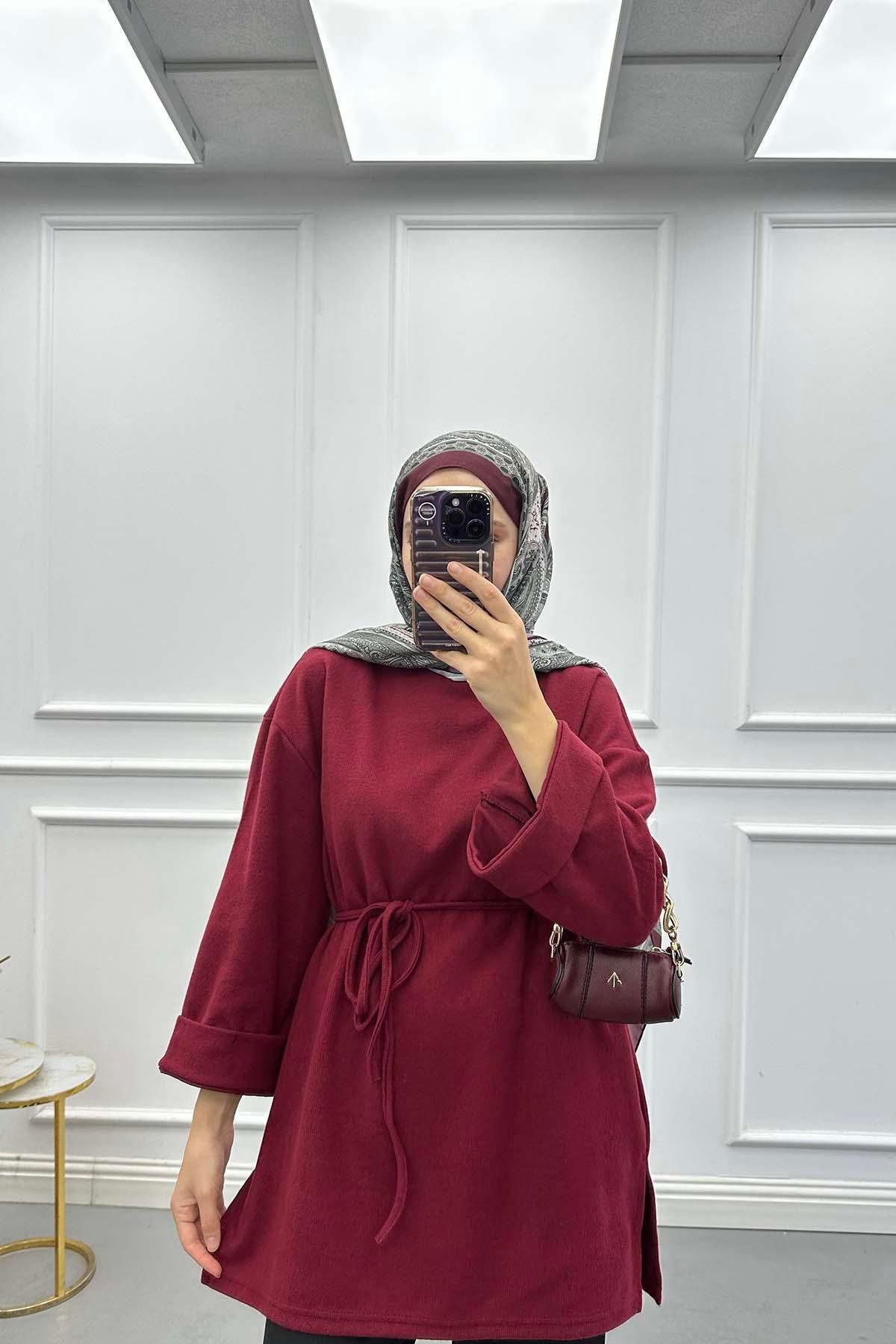 Kuşaklı Pamuklu Tunik Bordo
