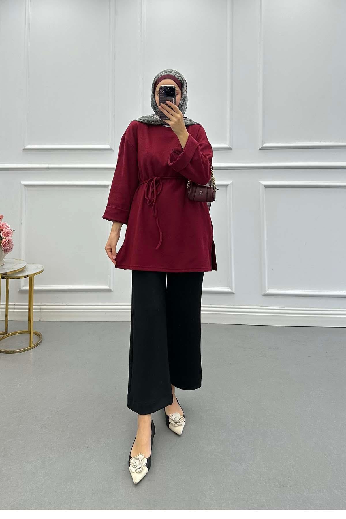 Kuşaklı Pamuklu Tunik Bordo