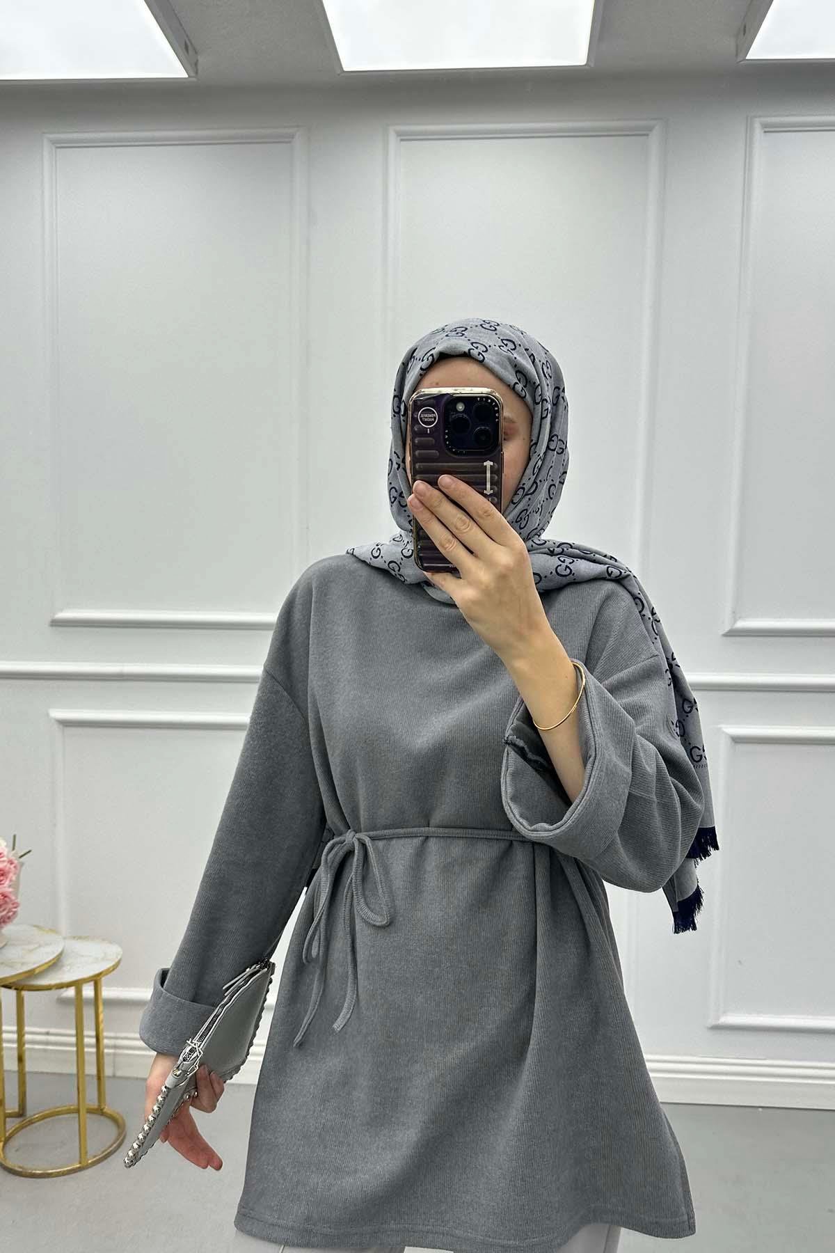 Kuşaklı Pamuklu Tunik Gri