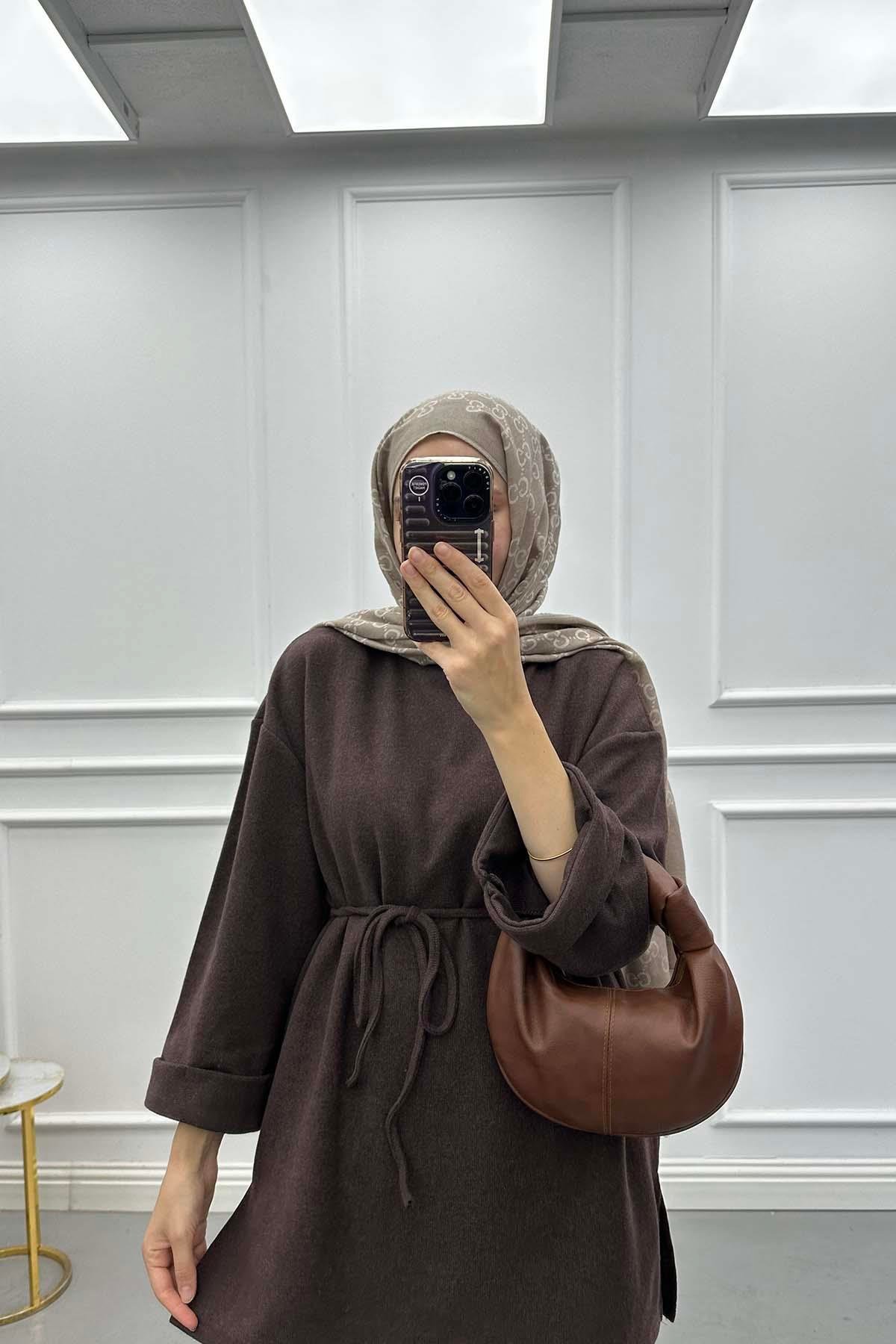 Kuşaklı Pamuklu Tunik Kahve