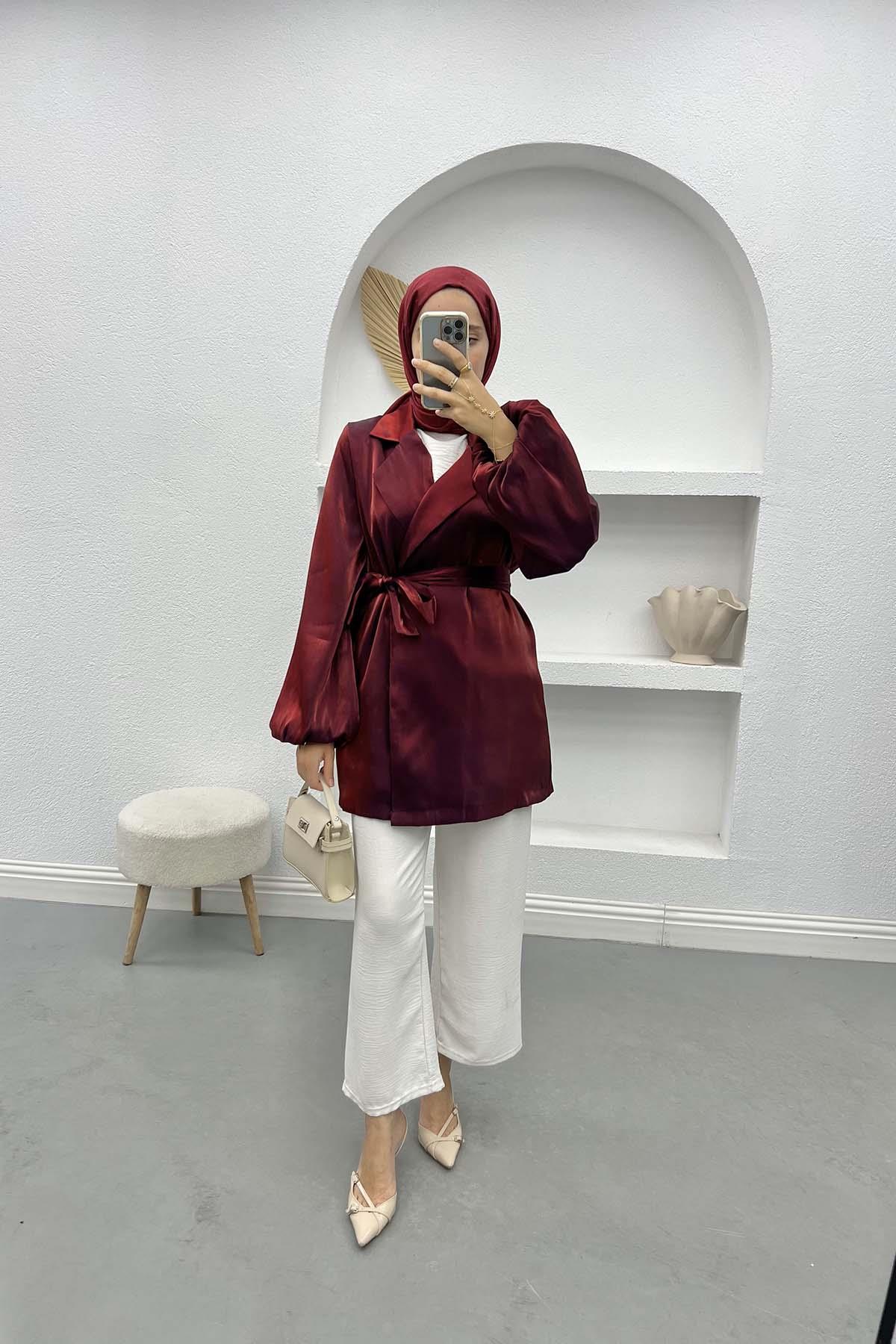 Kuşaklı Parlak Ceket Bordo