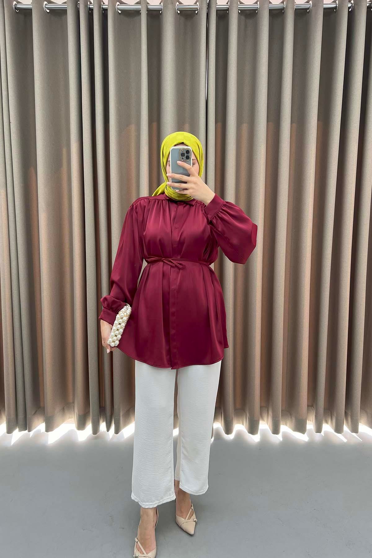Kuşaklı Saten Gömlek Bordo
