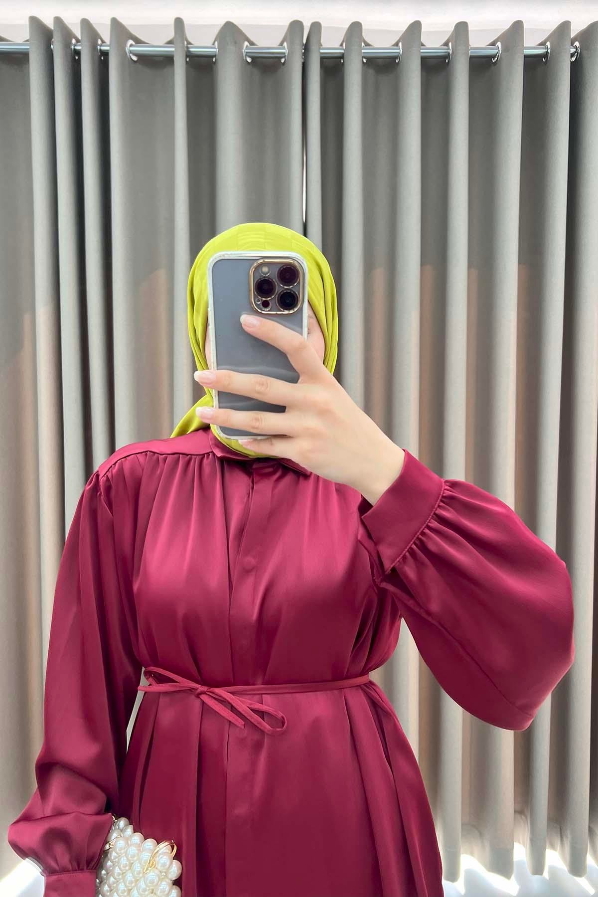 Kuşaklı Saten Gömlek Bordo