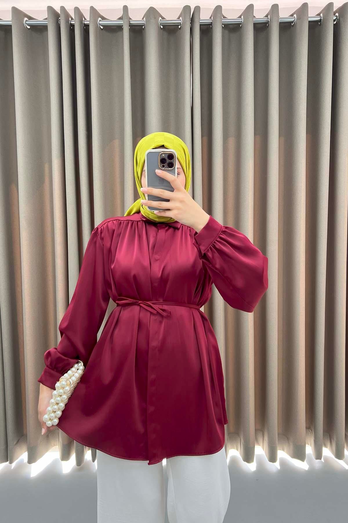 Kuşaklı Saten Gömlek Bordo