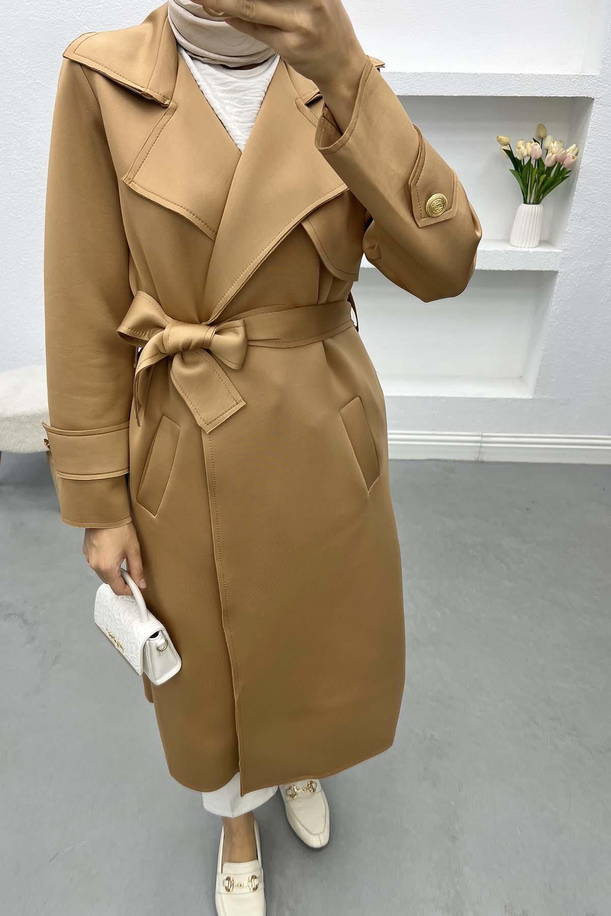 Kuşaklı Scuba Trençkot Sütlü Kahve