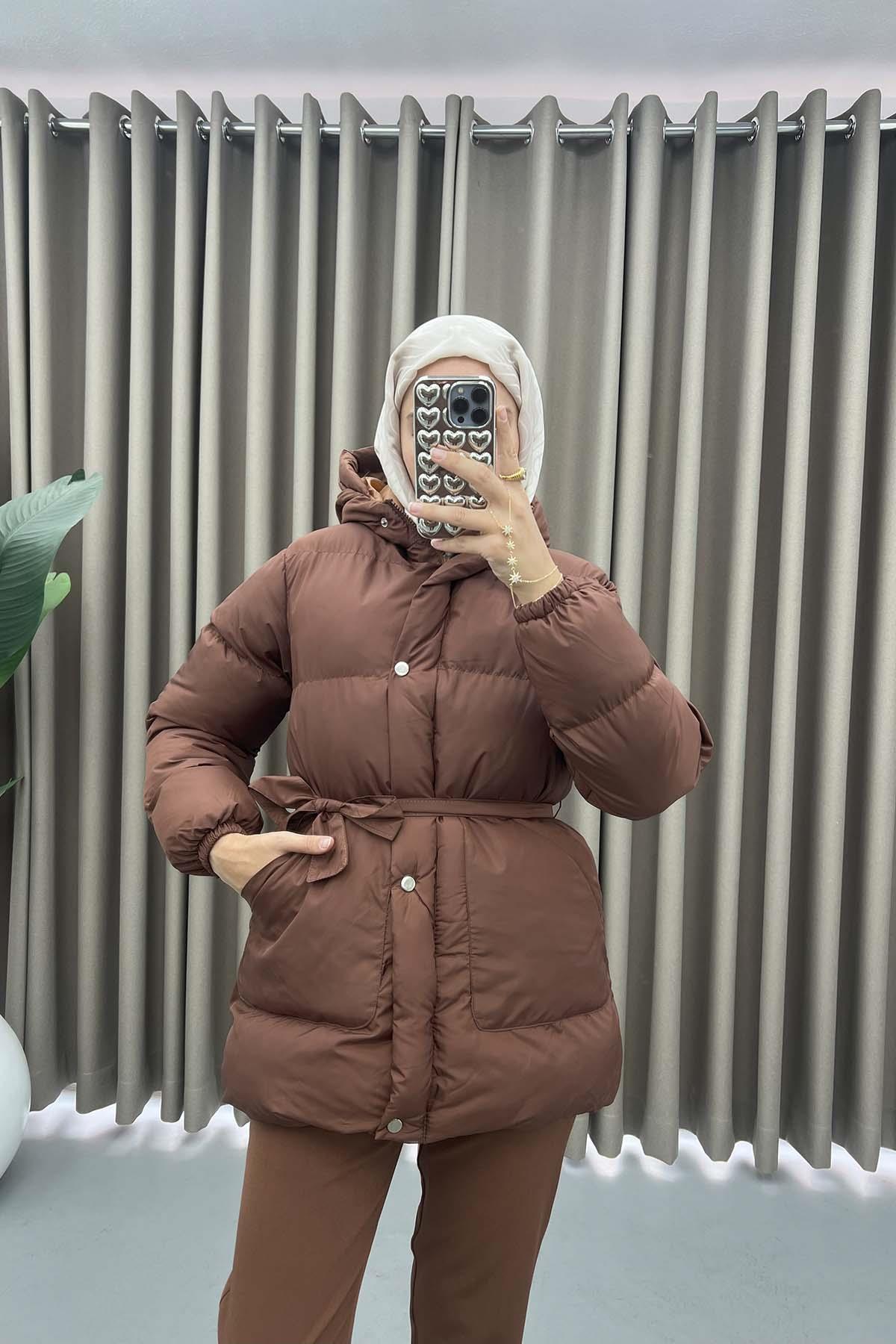 Kuşaklı Şişme Mont Acı Kahve