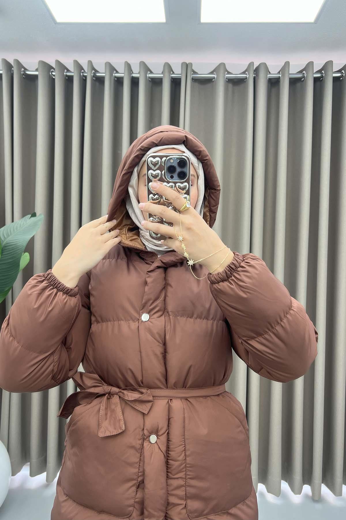 Kuşaklı Şişme Mont Acı Kahve