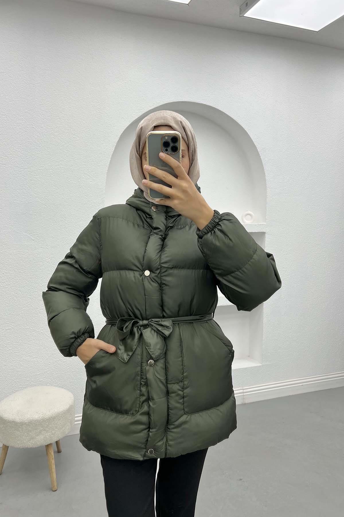 Kuşaklı Şişme Mont Haki