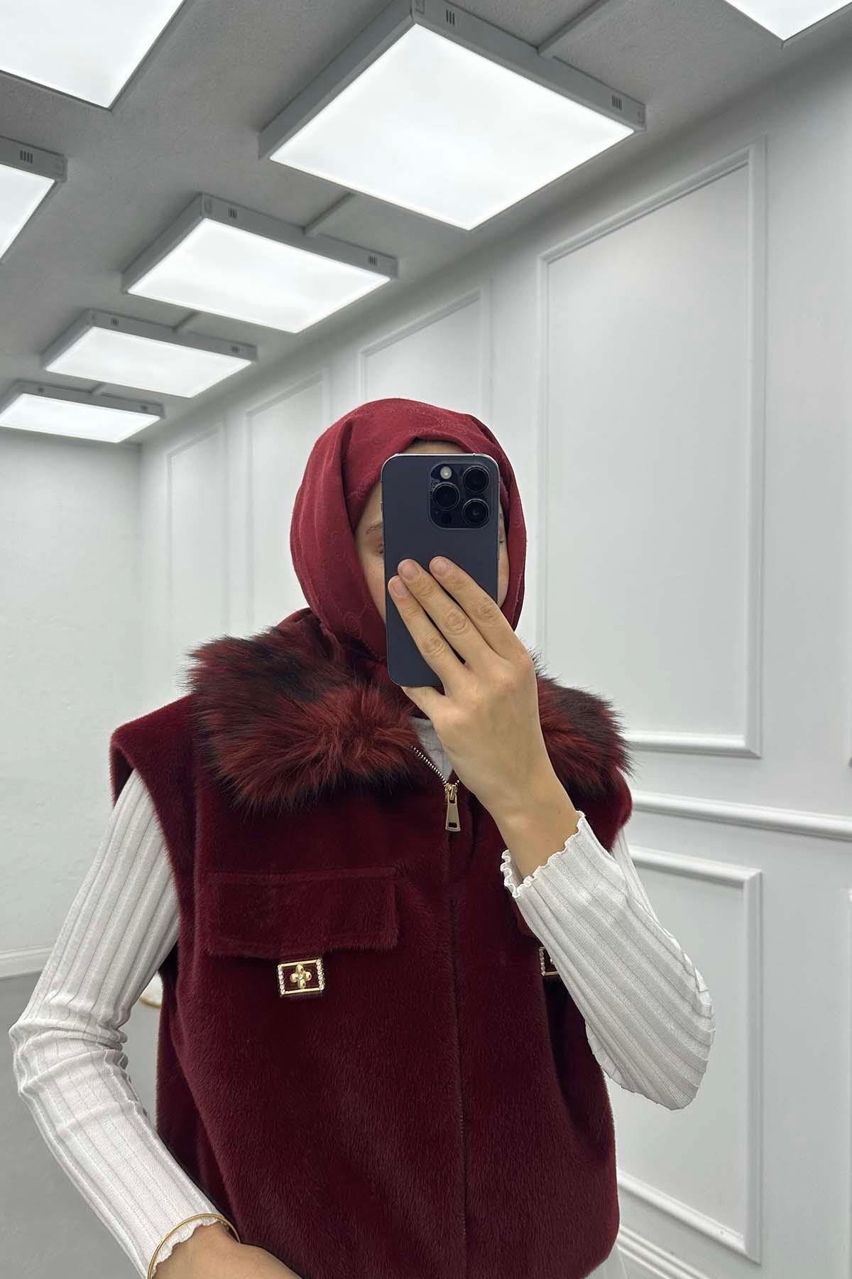 Lastikli Astarlı Kürk Yelek Bordo