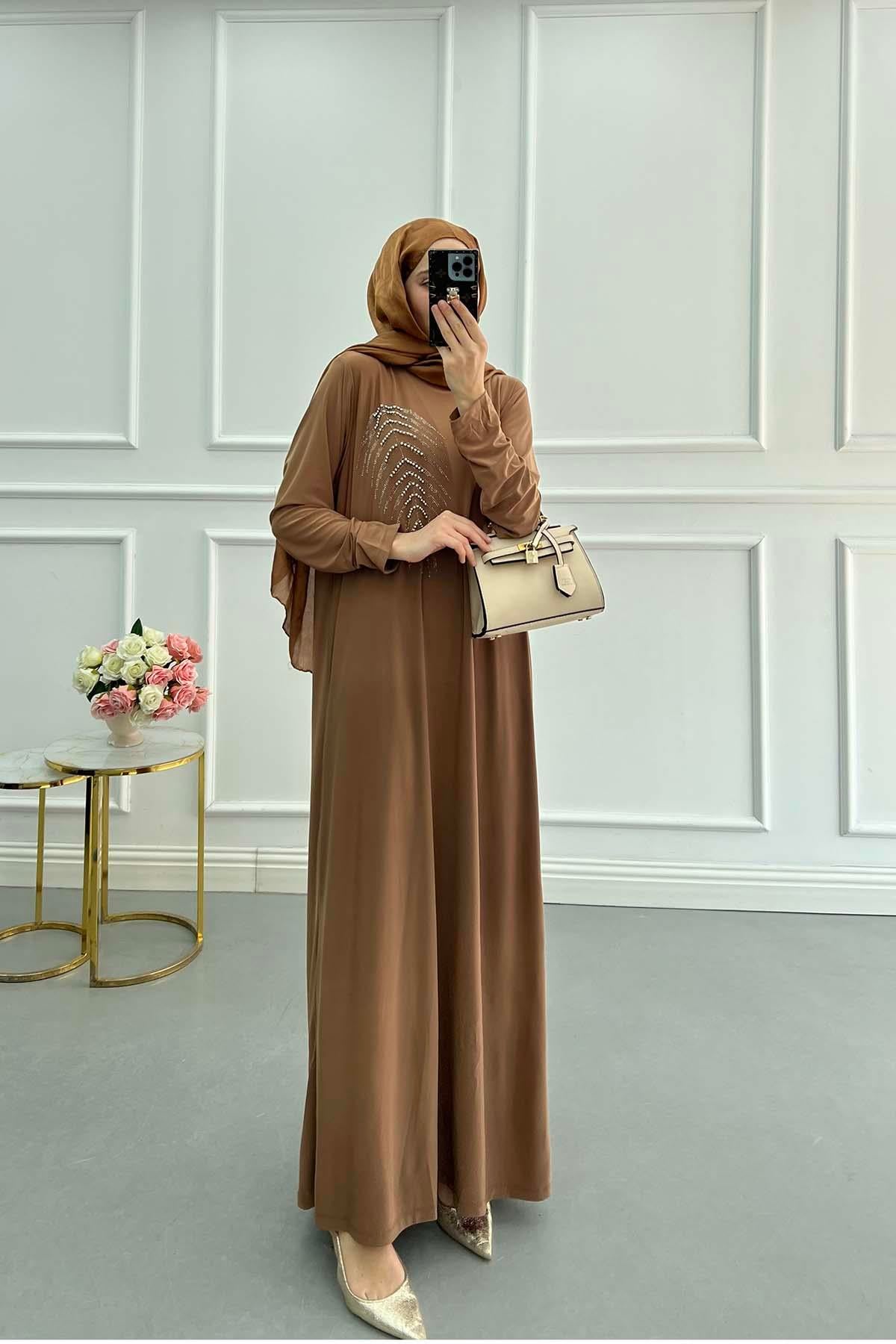 Lavin Işıltılı Taşlı Elbise Camel