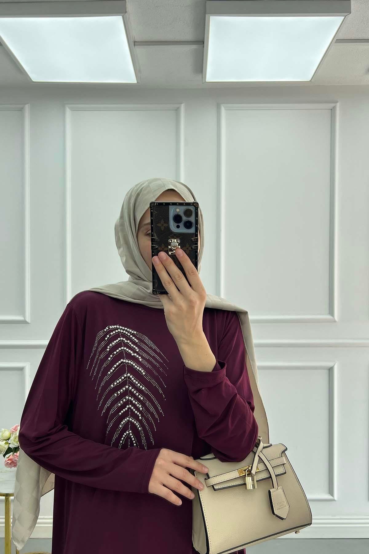 Lavin Işıltılı Taşlı Elbise Mürdüm