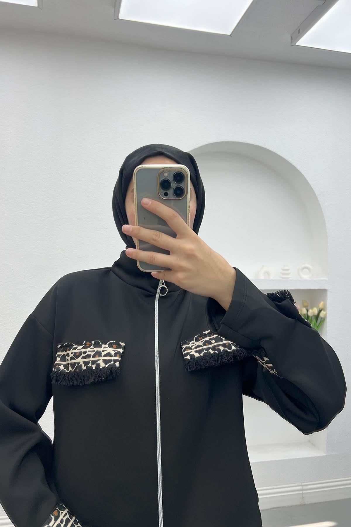 Leopar Cepli Scuba Ceket Siyah