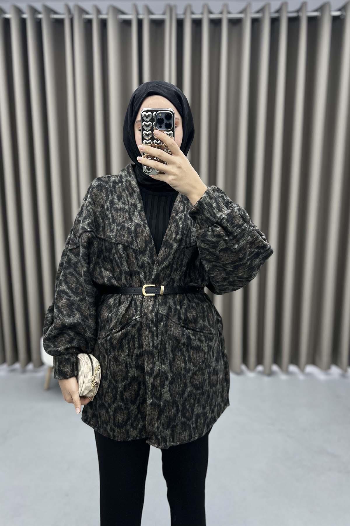 Leopar Desen Kemerli Ceket Leopar