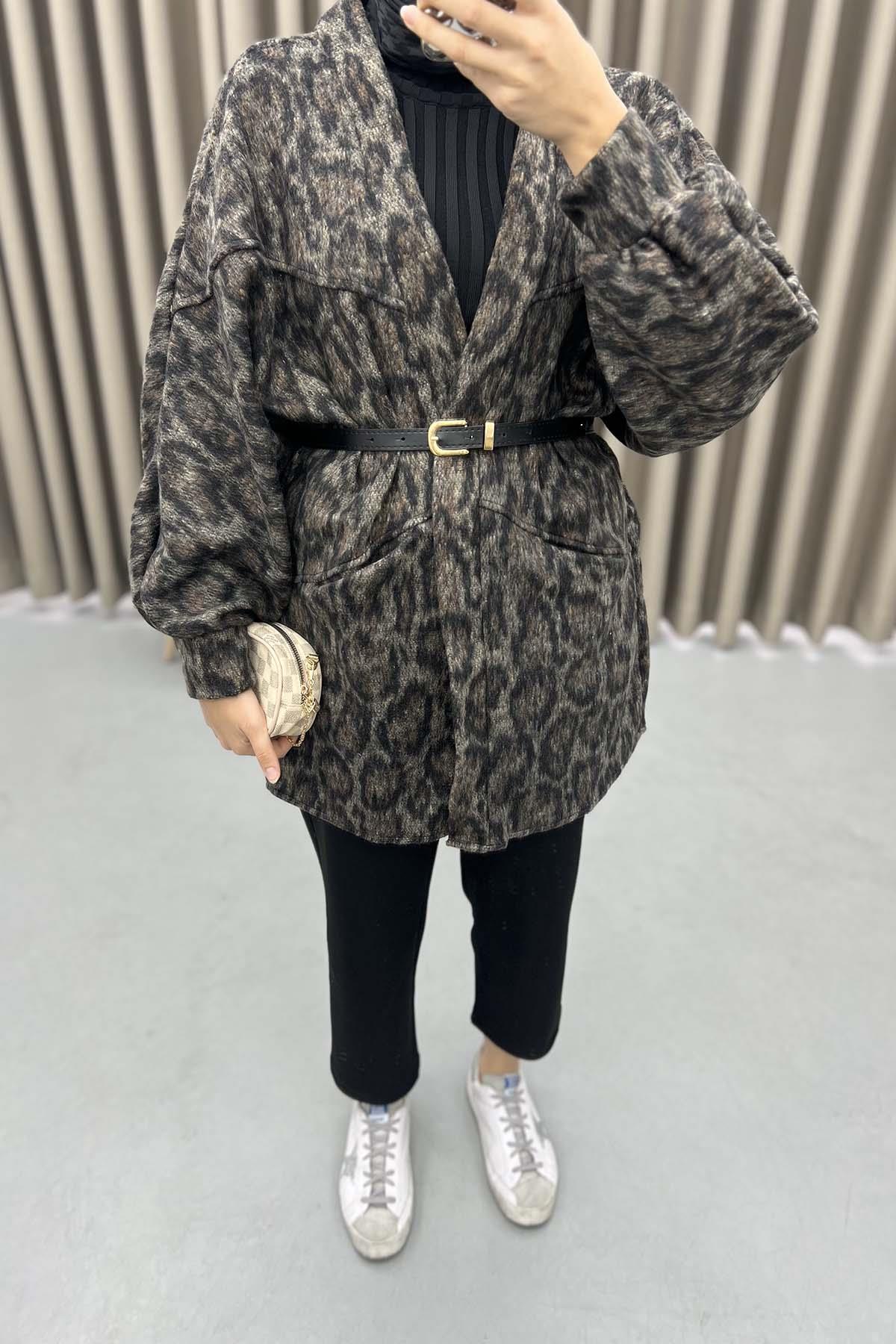 Leopar Desen Kemerli Ceket Leopar