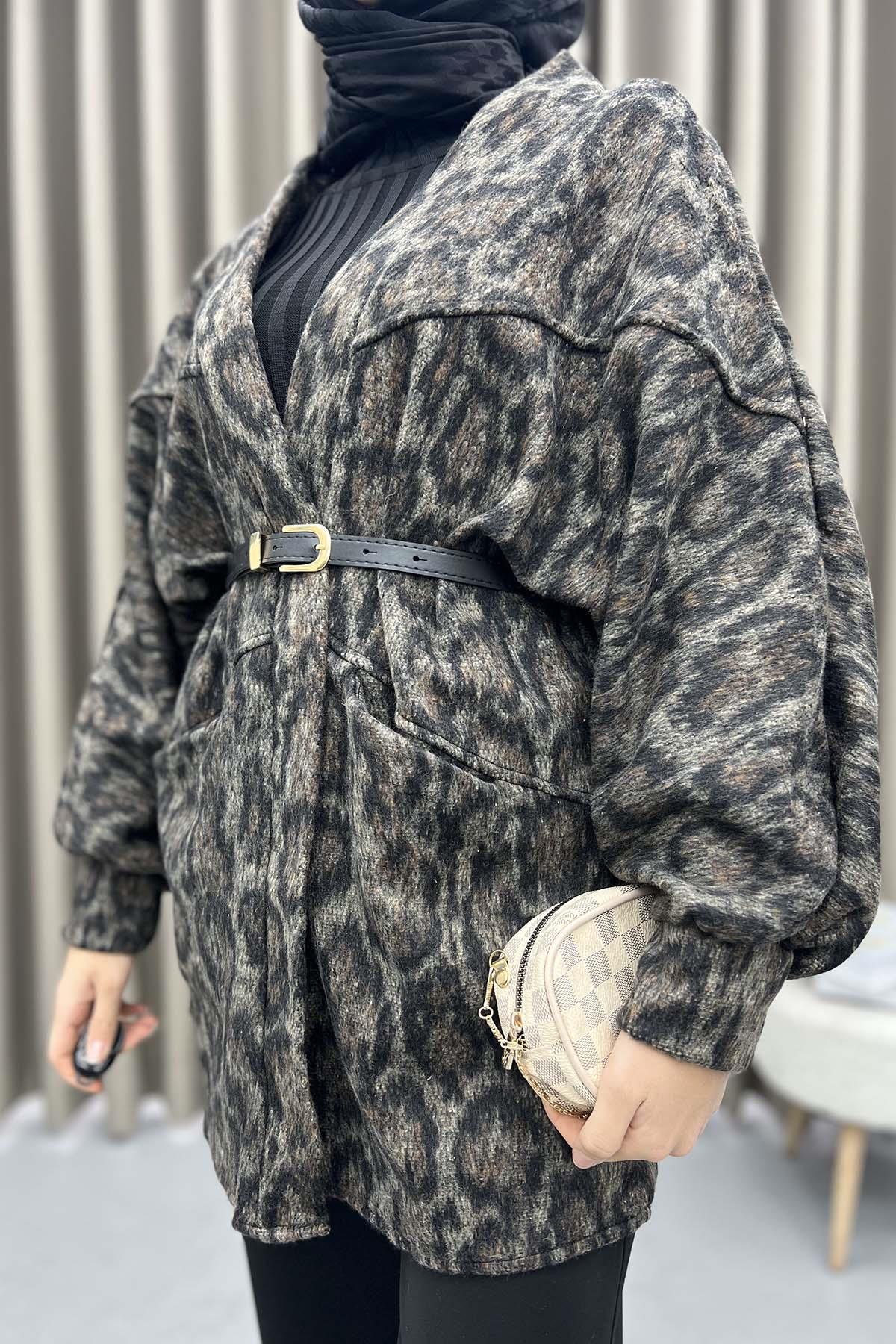 Leopar Desen Kemerli Ceket Leopar