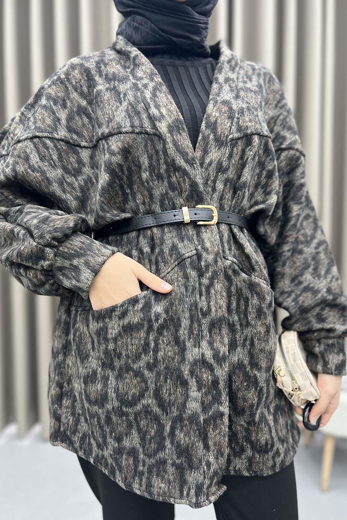 Leopar Desen Kemerli Ceket Leopar