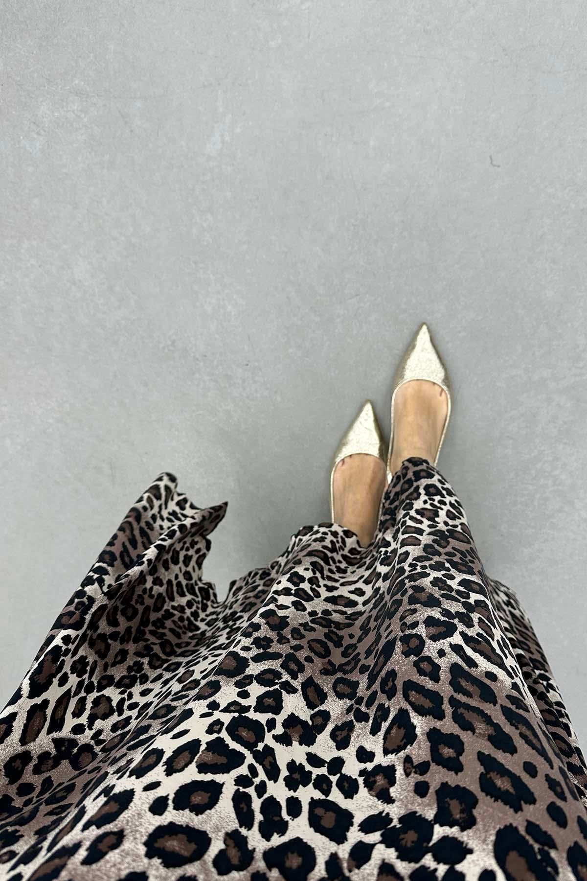 Leopar Desen Saten Etek Bej