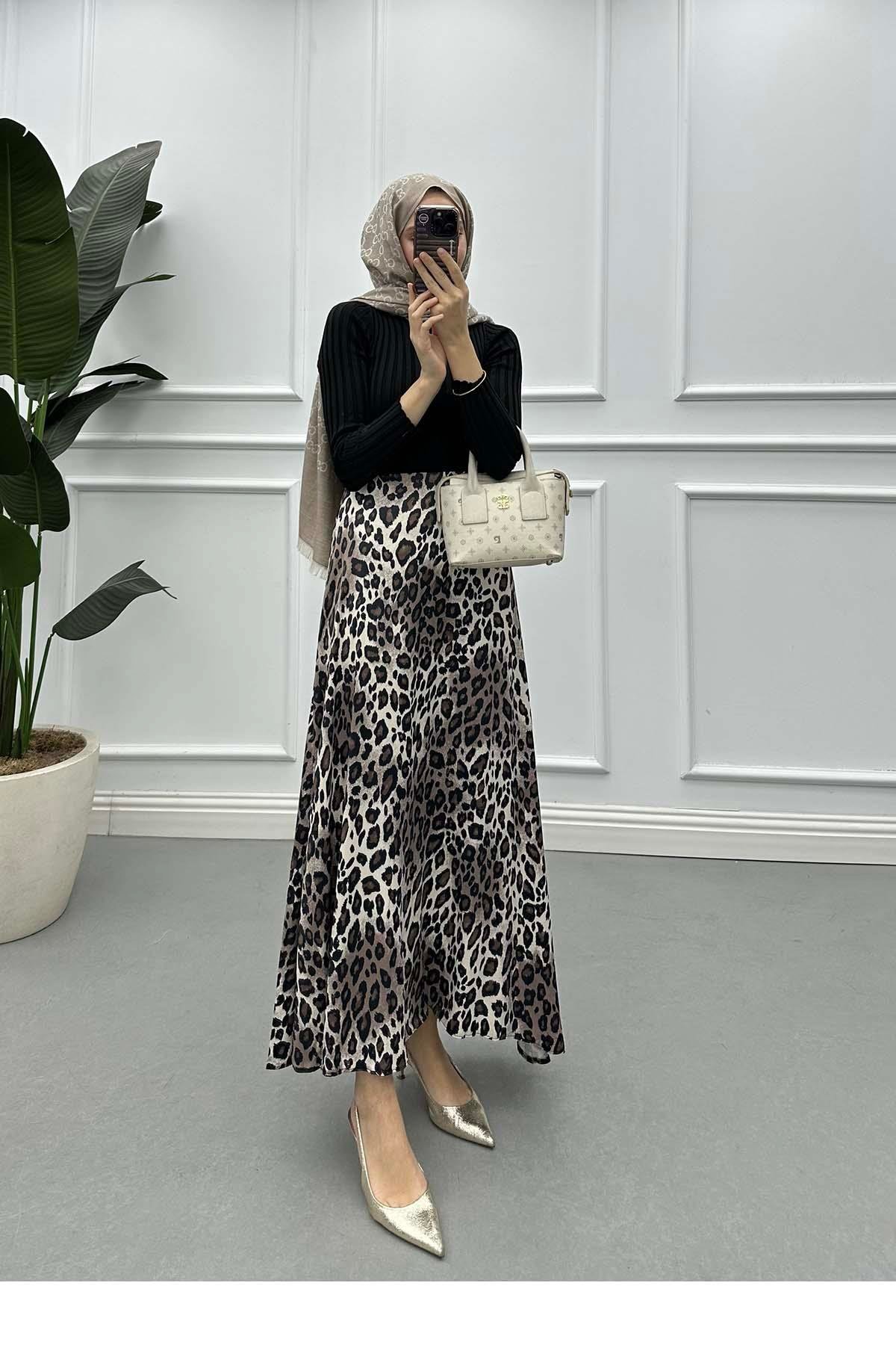 Leopar Desen Saten Etek Bej