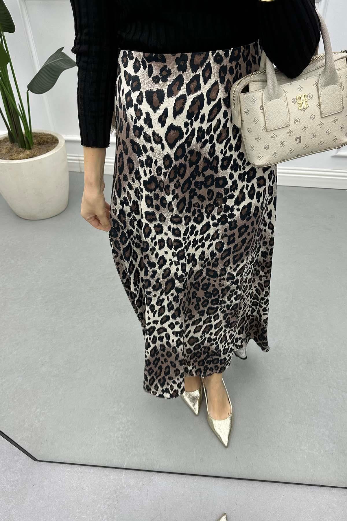 Leopar Desen Saten Etek Bej