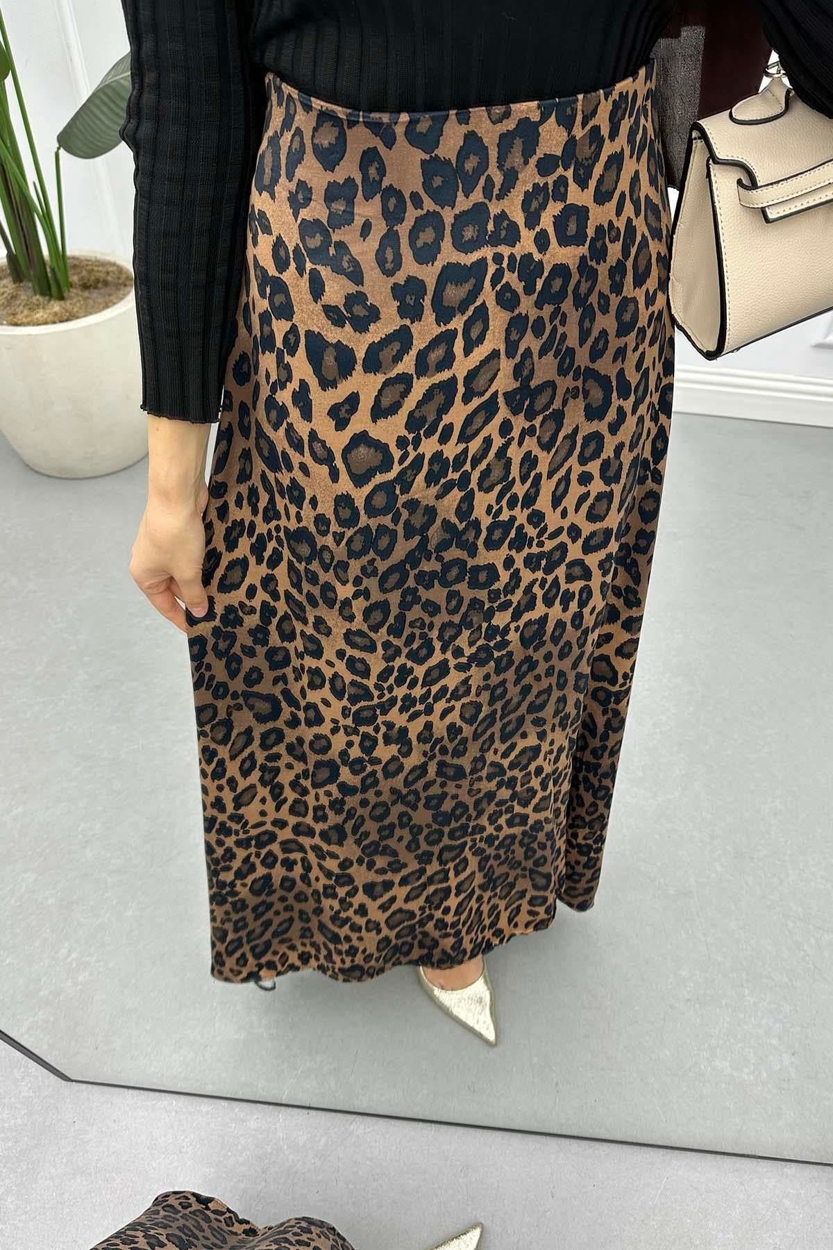 Leopar Desen Saten Etek Kahve
