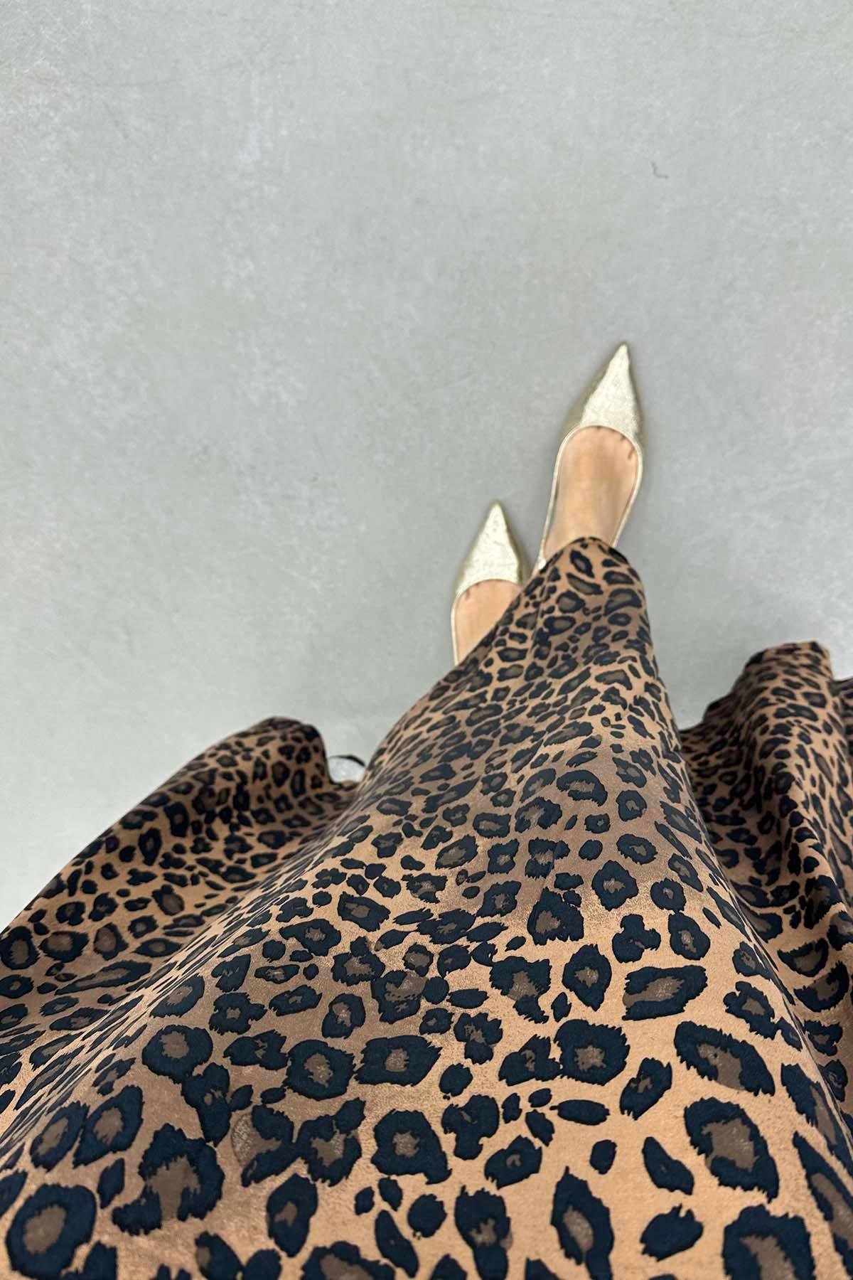 Leopar Desen Saten Etek Kahve