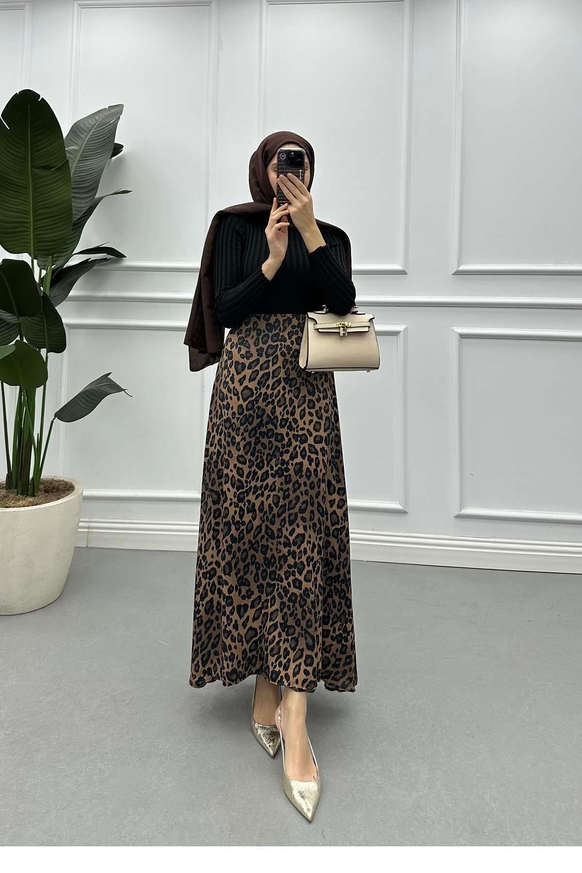 Leopar Desen Saten Etek Kahve