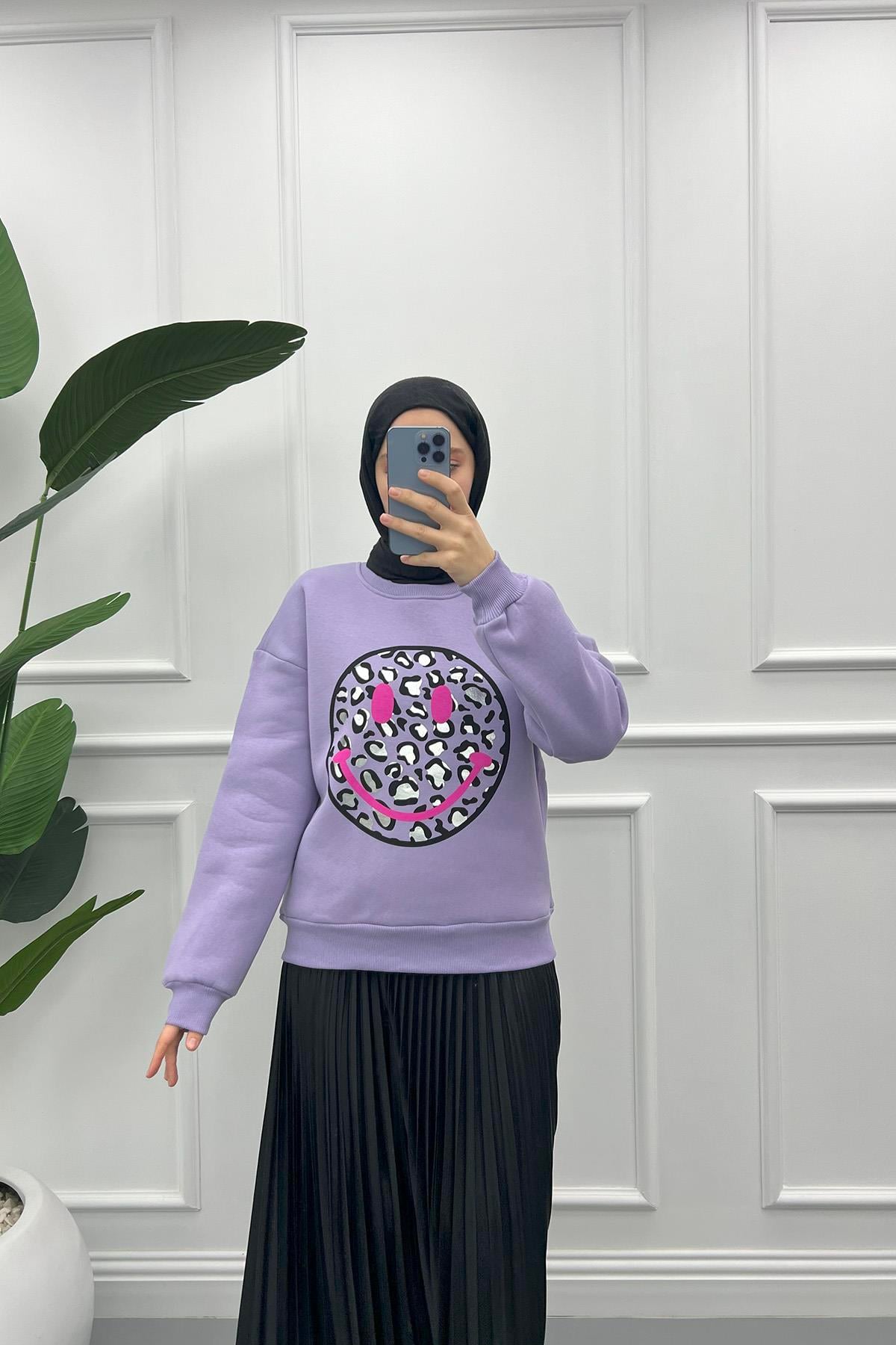 Leopar Desen Sweatshirt Lila