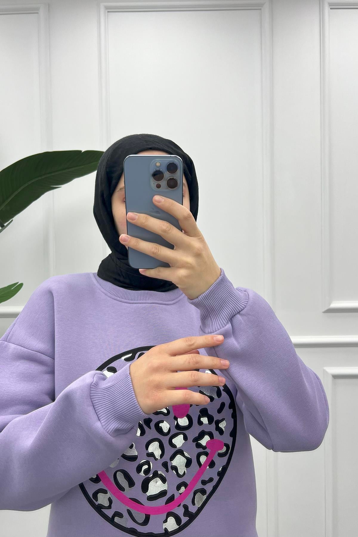Leopar Desen Sweatshirt Lila