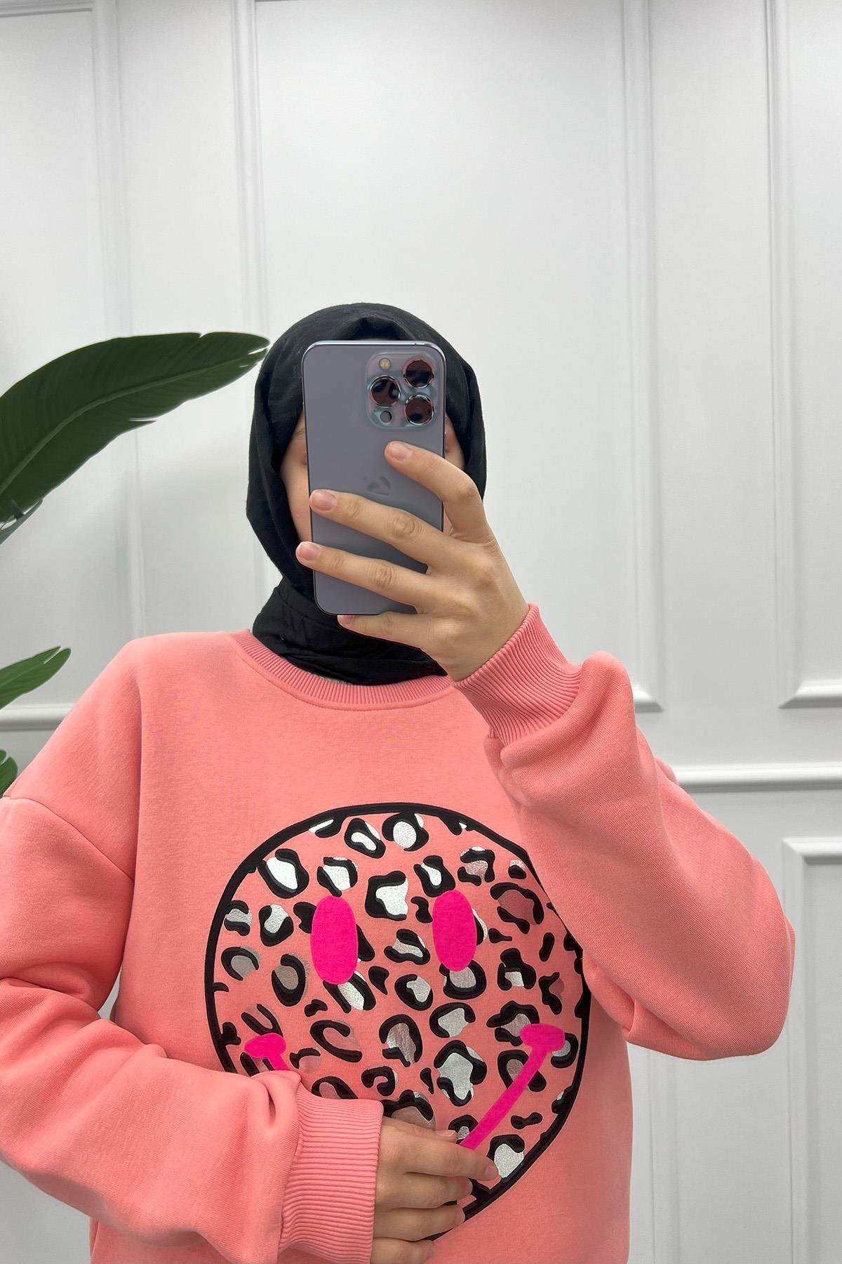Leopar Desen Sweatshirt Pembe