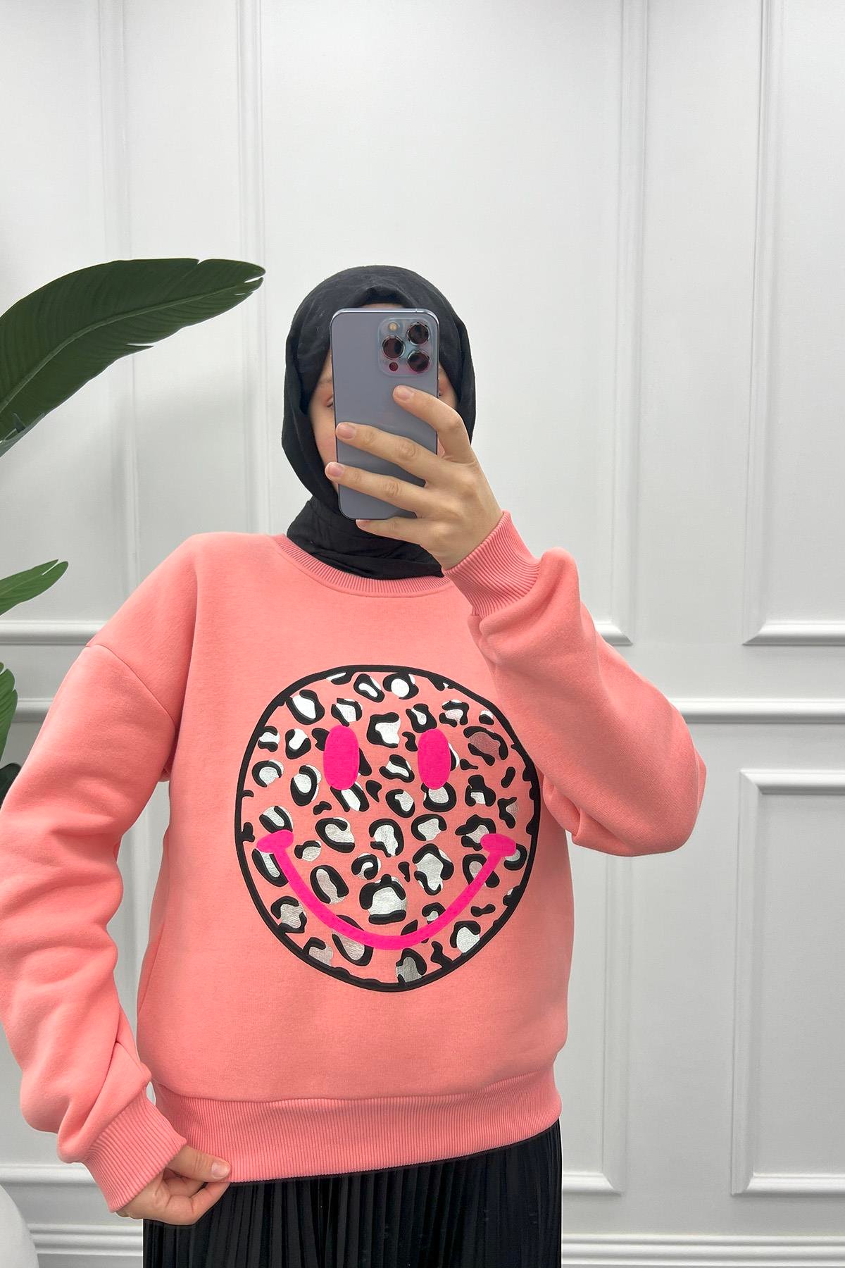 Leopar Desen Sweatshirt Pembe