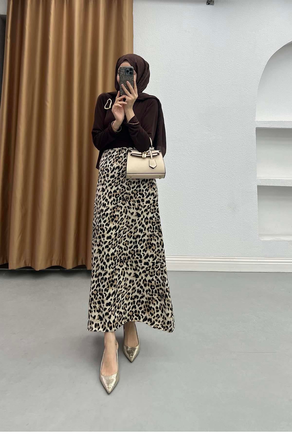 Leopar Desenli Akışkan Saten Etek Leopar