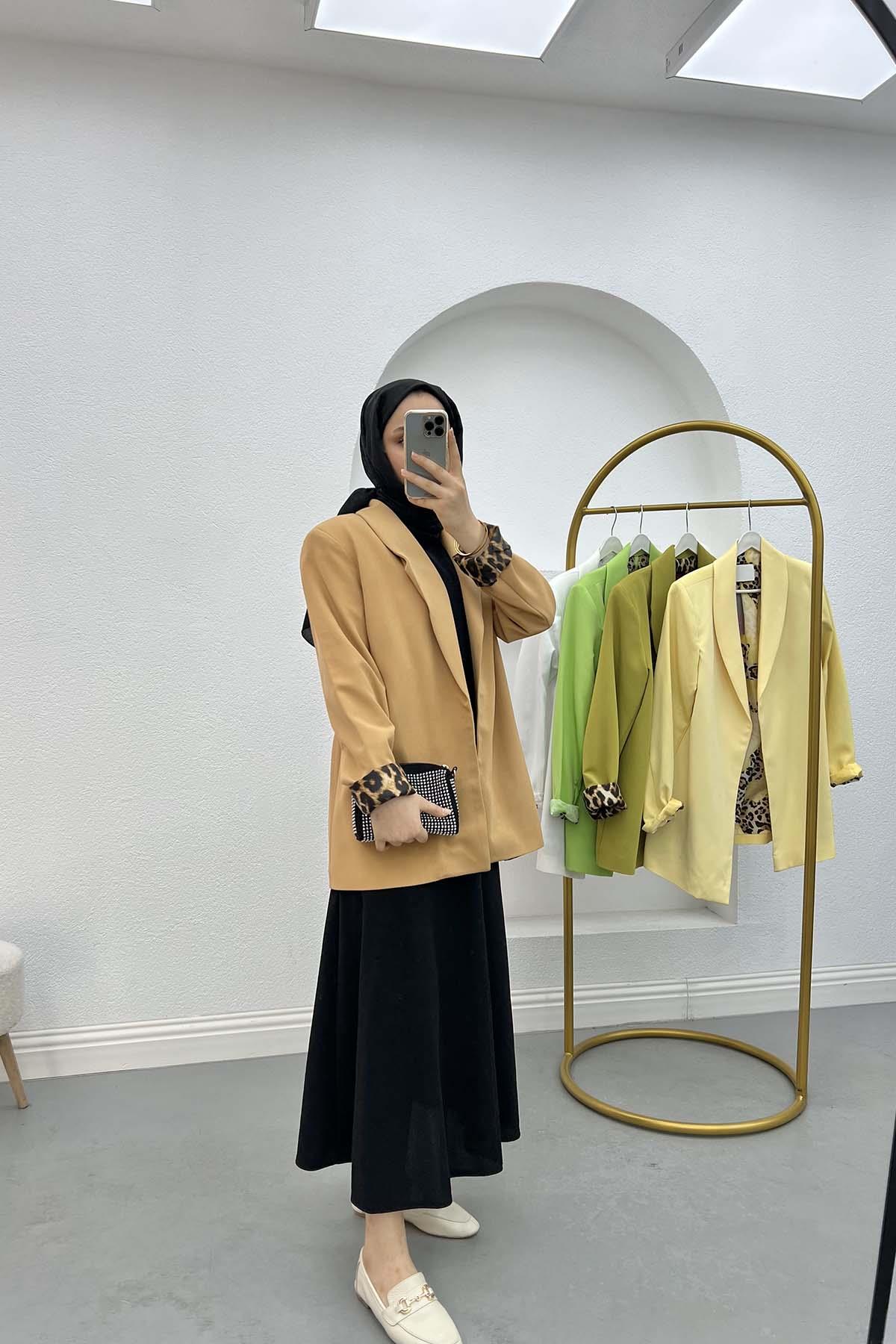 Leopar Desenli Ceket Camel