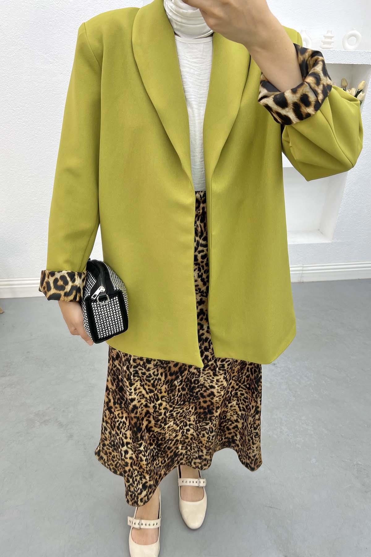 Leopar Desenli Ceket Yağ Yeşili