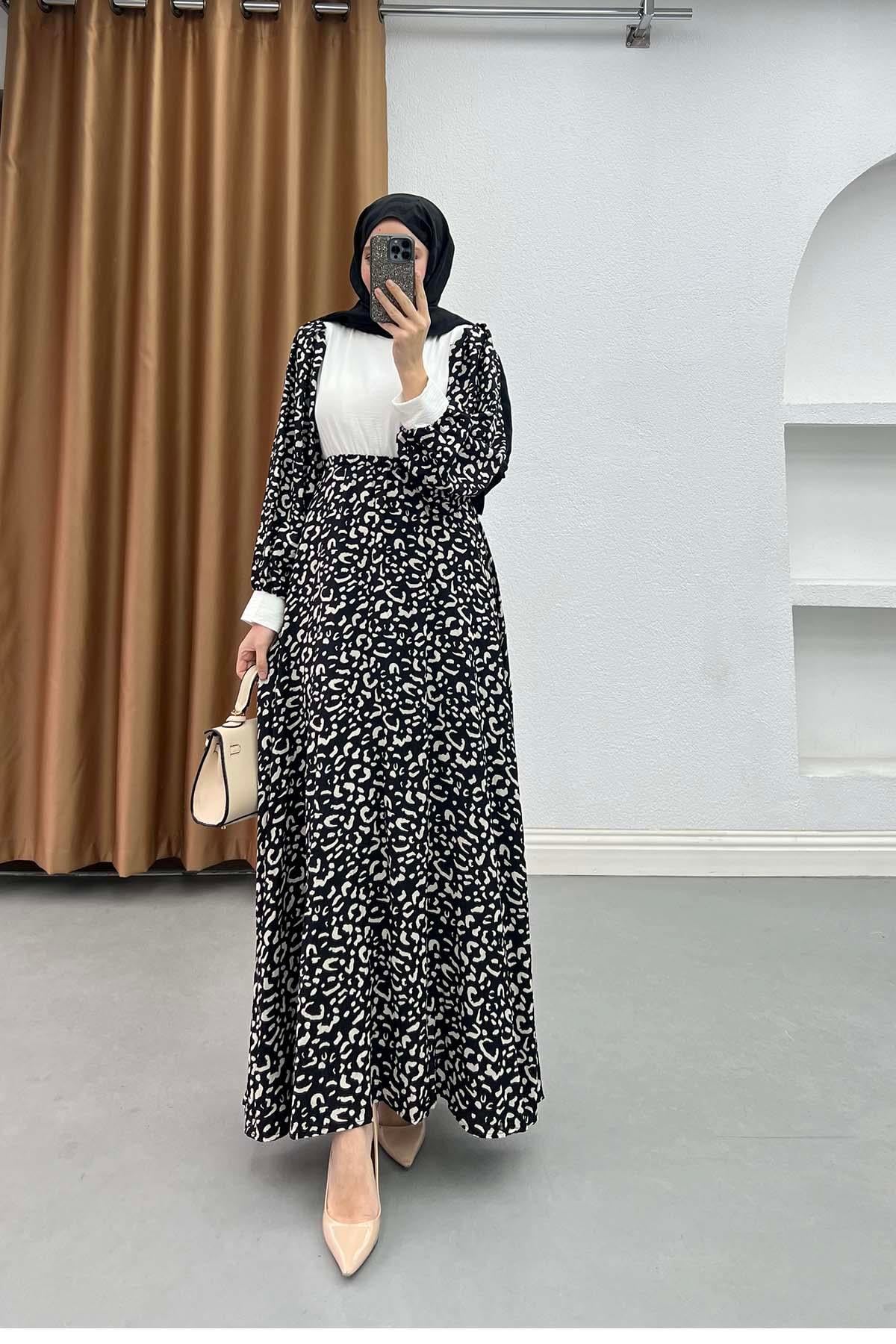 Leopar Desenli Elbise Siyah
