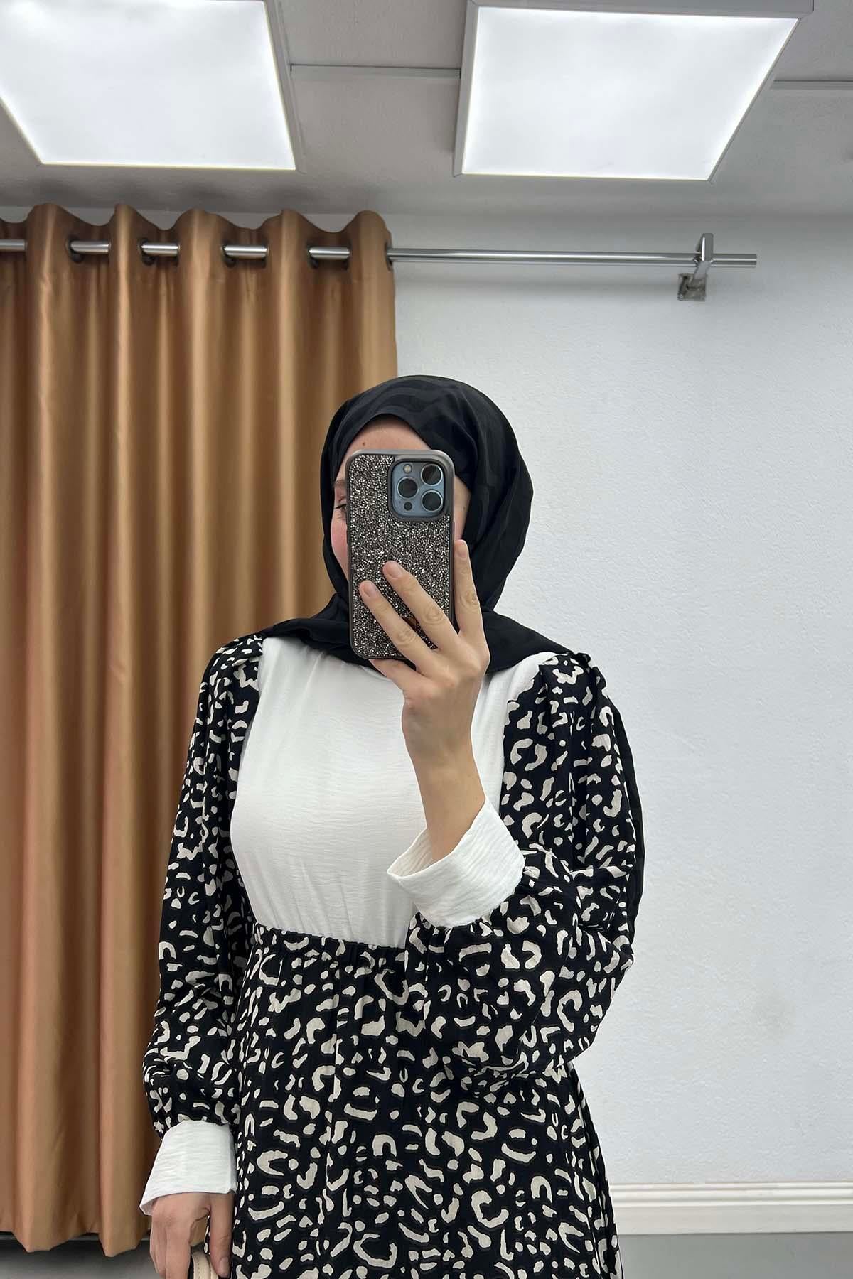 Leopar Desenli Elbise Siyah