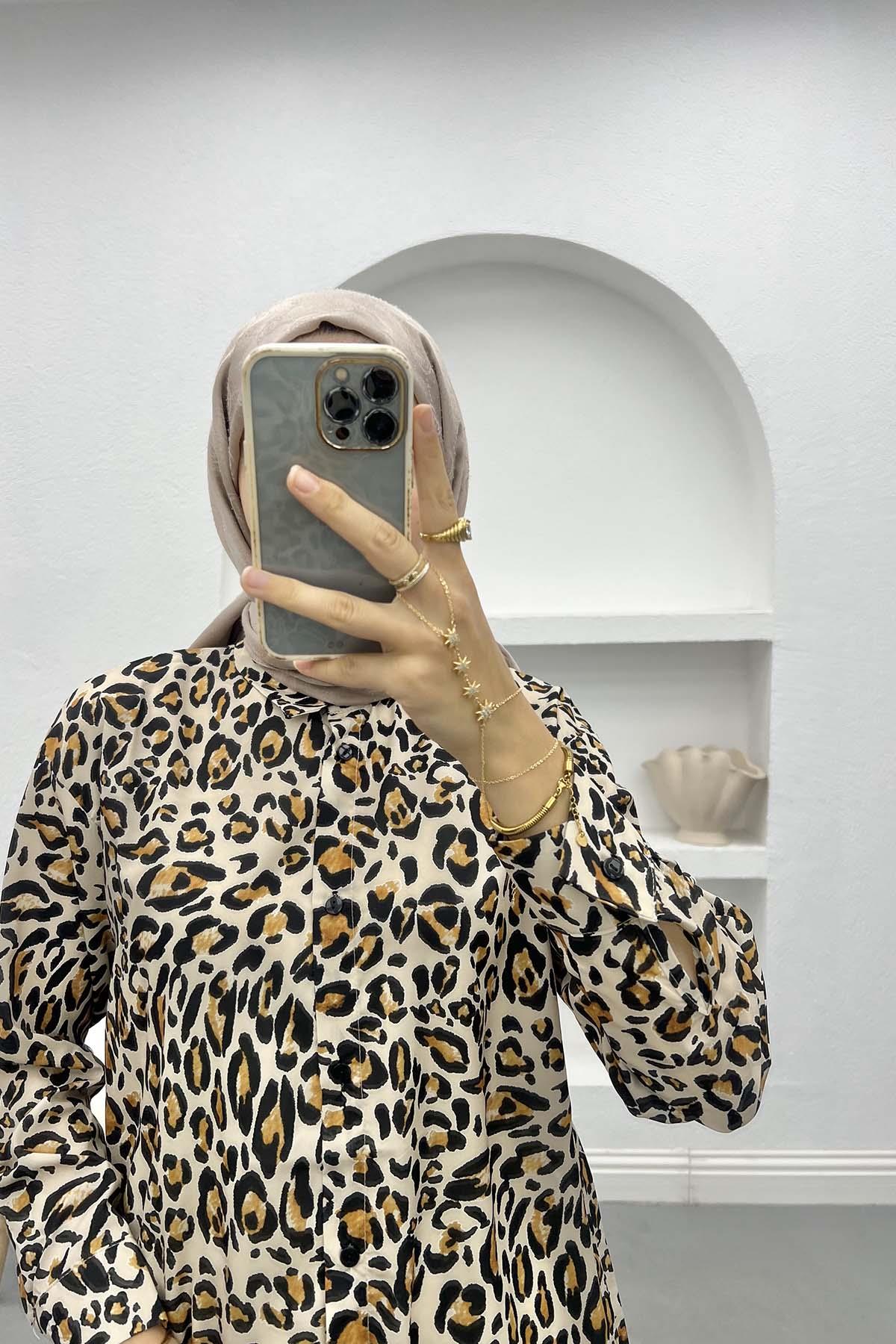 Leopar Desenli Gömlek Bej