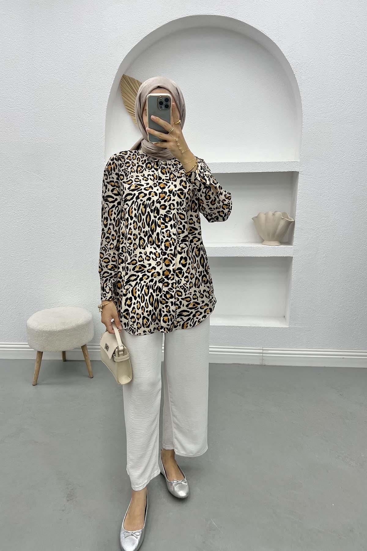 Leopar Desenli Gömlek Bej