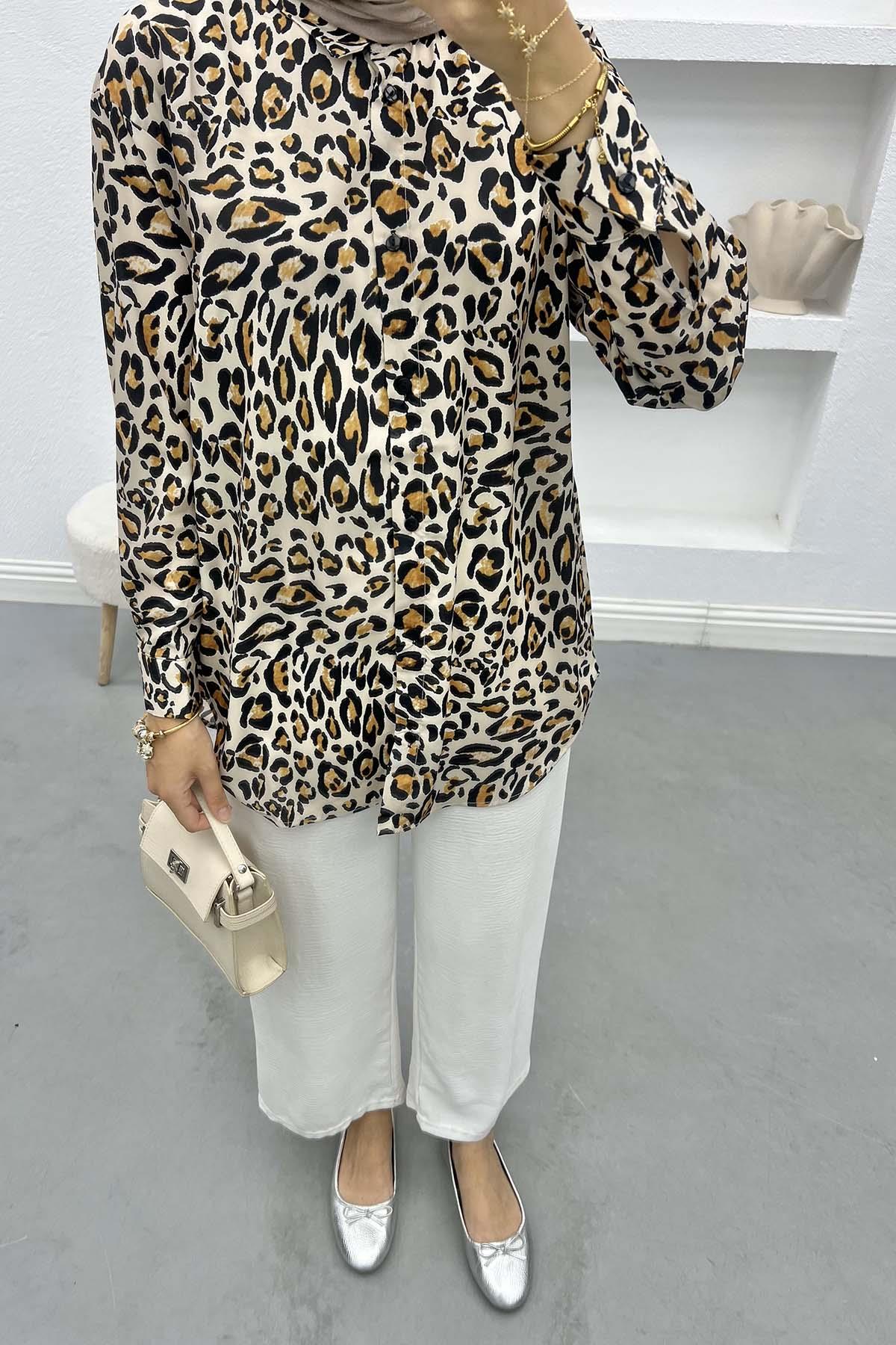 Leopar Desenli Gömlek Bej