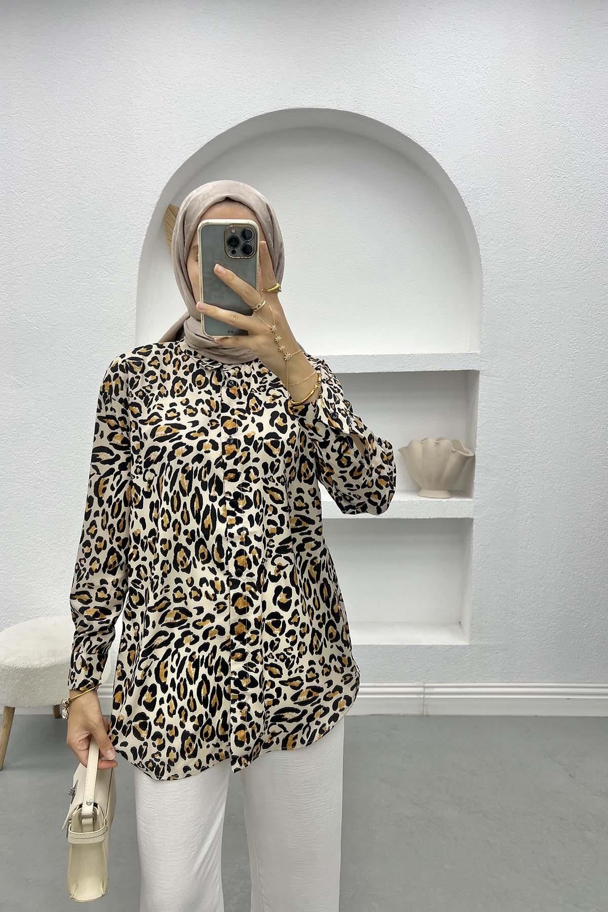 Leopar Desenli Gömlek Bej