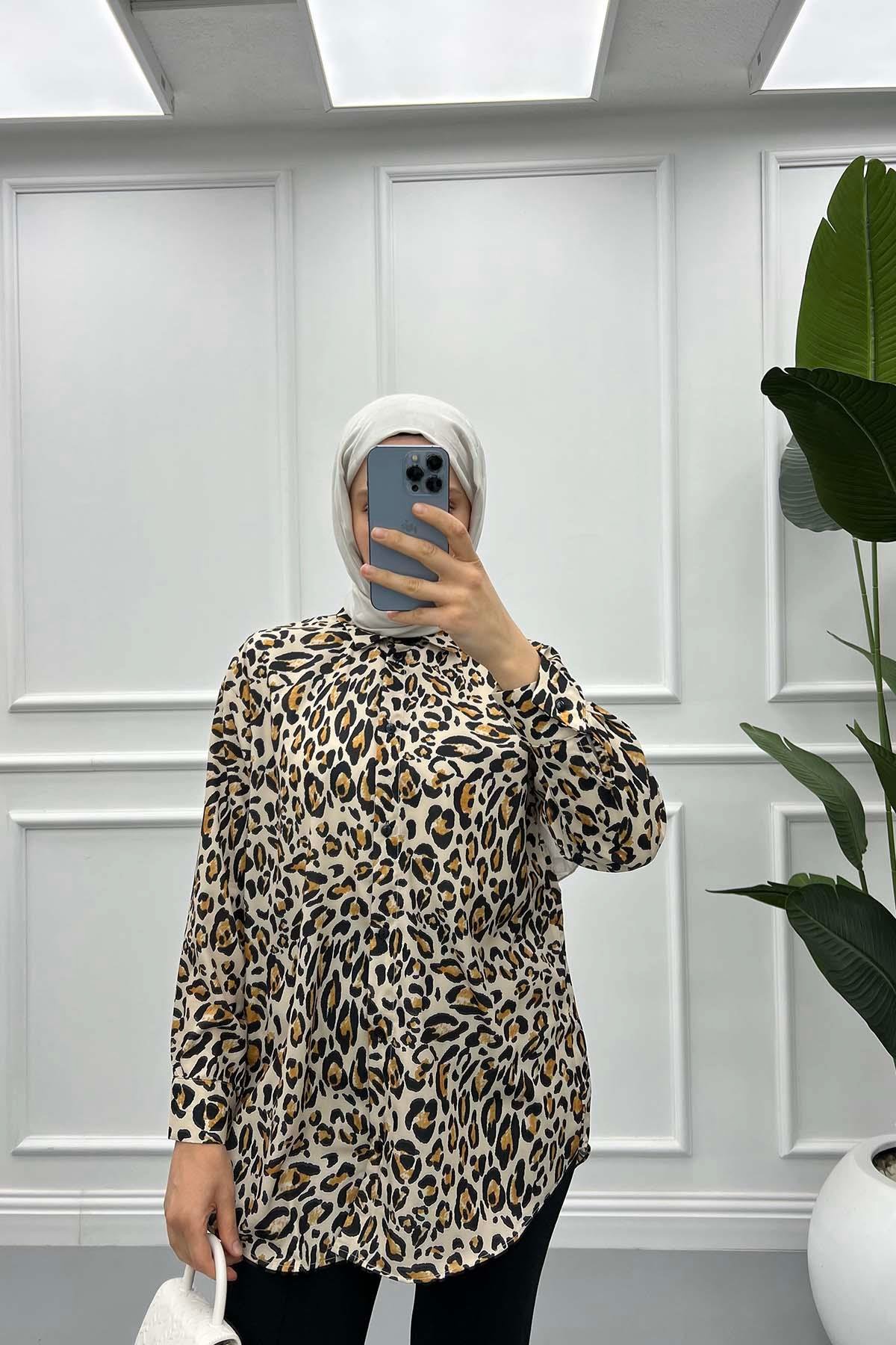 Leopar Desenli Gömlek Ekru
