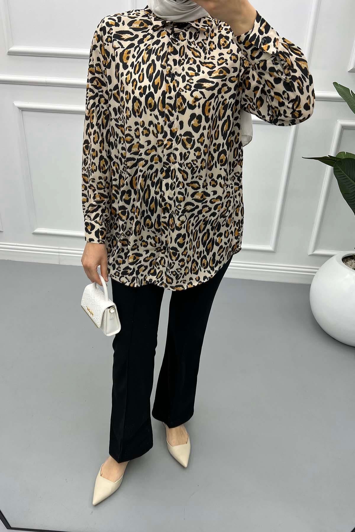 Leopar Desenli Gömlek Ekru